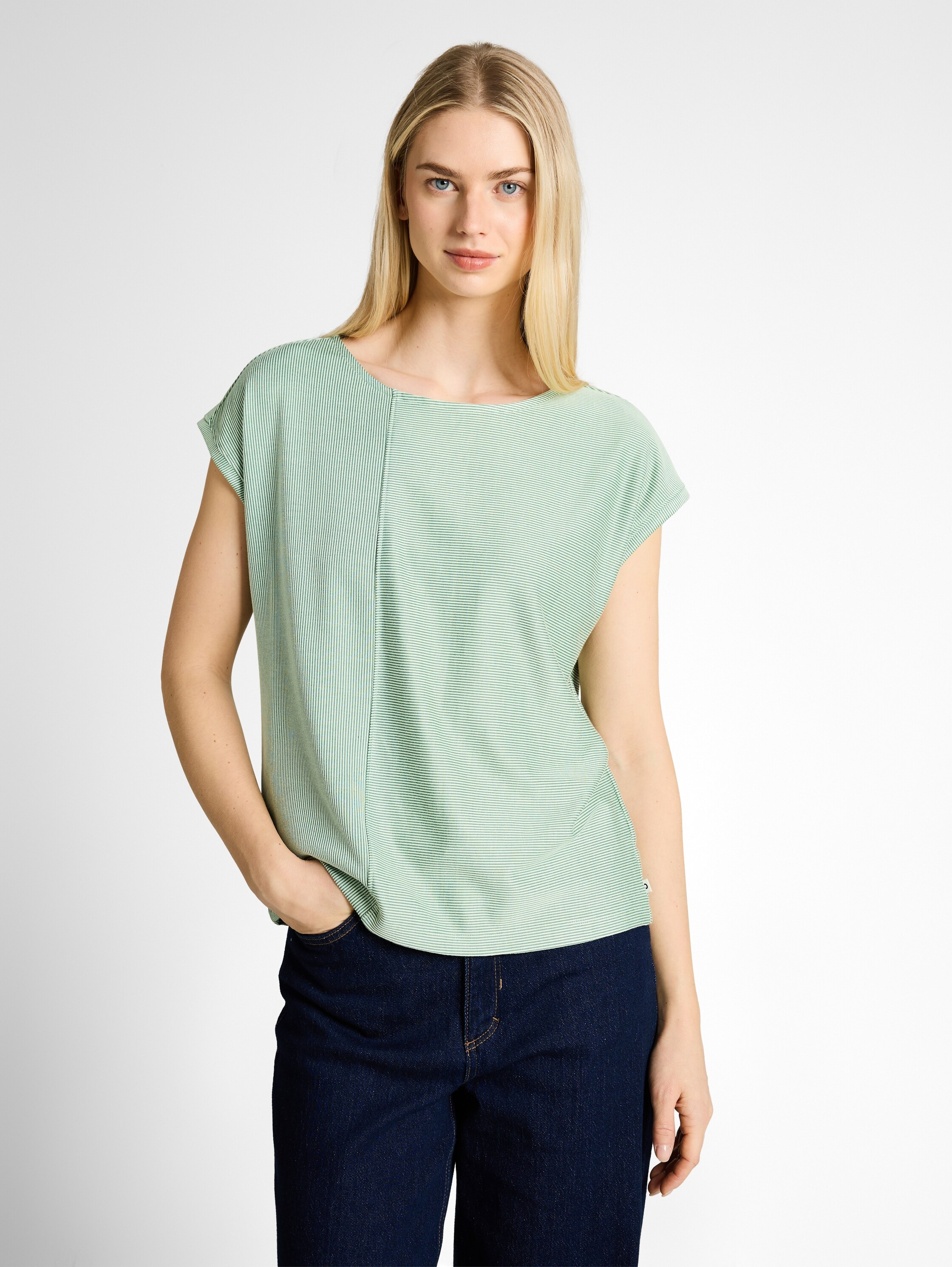 Rundhalsshirt TOM TAILOR DENIM, Damen, Gr. M, small tonal matchag, Web, Obermaterial: 58% Viskose, 38% Polyester, 4% Elasthan, geringelt, gestreift, normal taillenlang, Rundhals, Shirts Rundhalsshirt, Ärmellos im Streifen-Look