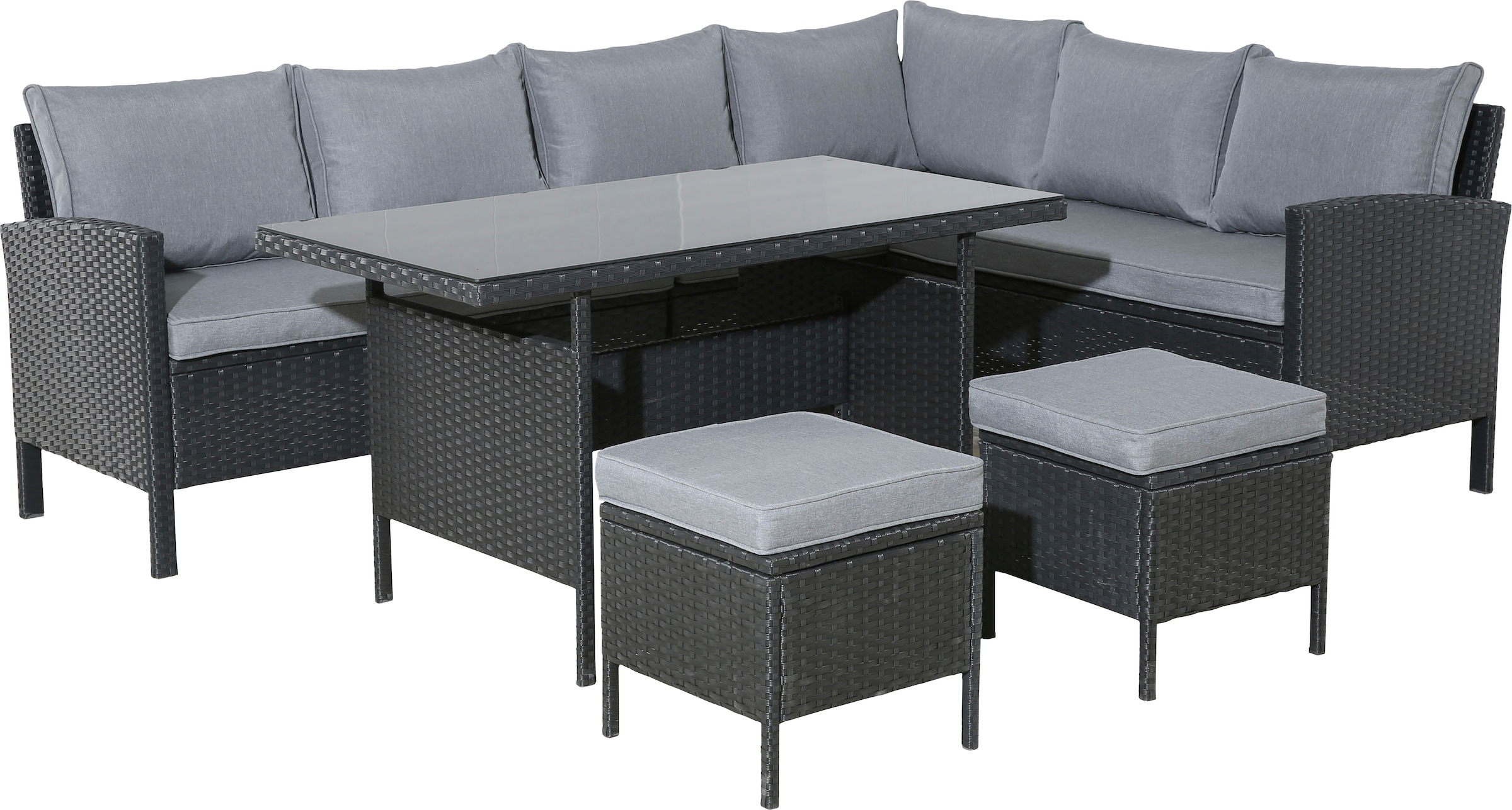 KONIFERA Gartenlounge-Set »»Manhattan««, (Set, 18 tlg., Ecklounge, Tisch 66x120x74 cm, 2 Hocker, inkl. Auflagen), Stahl/Polyrattan