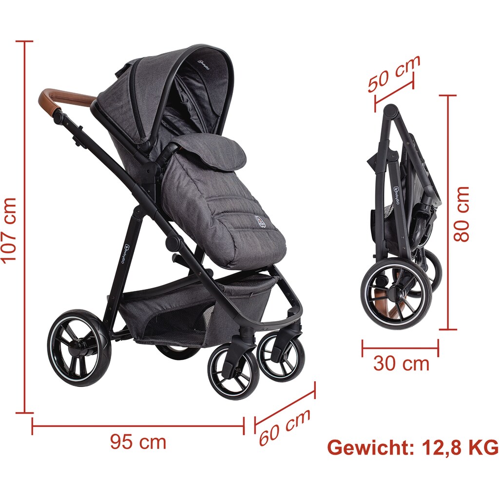 BabyGo Kombi-Kinderwagen »Simplex 3in1 Pram, Grey melange«, 15 kg, inkl. Babywanne + Matratze, Sportaufsatz, Babyschale & Wickeltasche