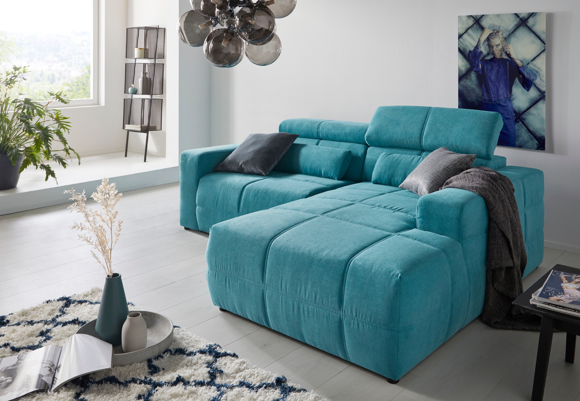 DOMO collection Ecksofa "BRANDON inkl. Kopfteilverstellung, 214x100x80 cm, L-Form" Mit Kopfteilverstellung, auch in Leder und Cord, L-Form