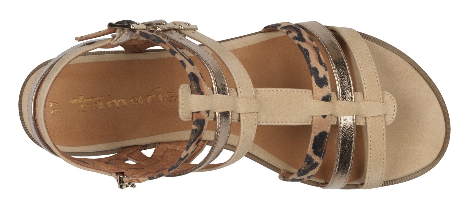 Tamaris Riemchensandale, Sandalette, Sommerschuh mit Besatz in Leo- und Metallicoptik