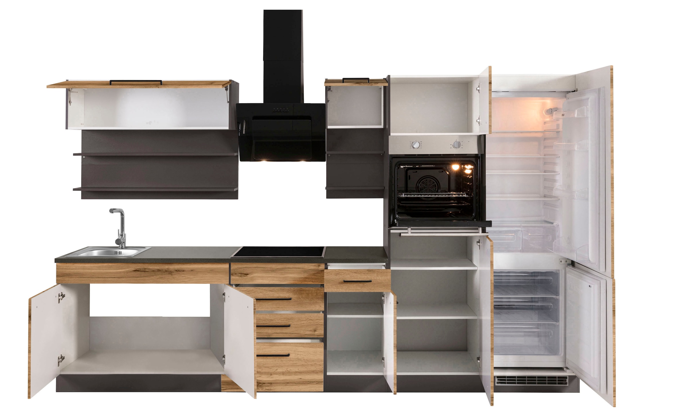 KOCHSTATION Küchenzeile »KS-Tulsa«, ohne E-Geräte, Breite 330 cm, schwarze Metallgriffe, MDF Fronten