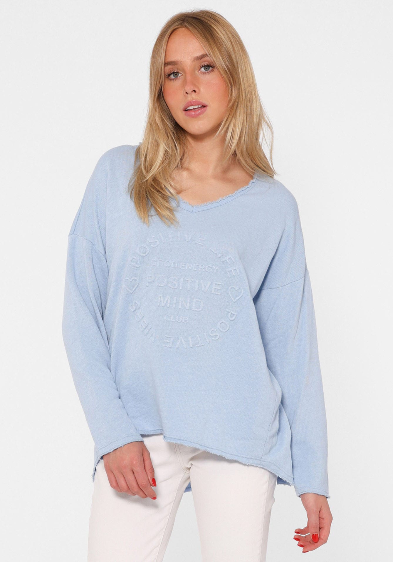 Zwillingsherz ""Positive Mind"", ausgefranster V-Ausschnitt, Used Look, Langarm, Schriftzug