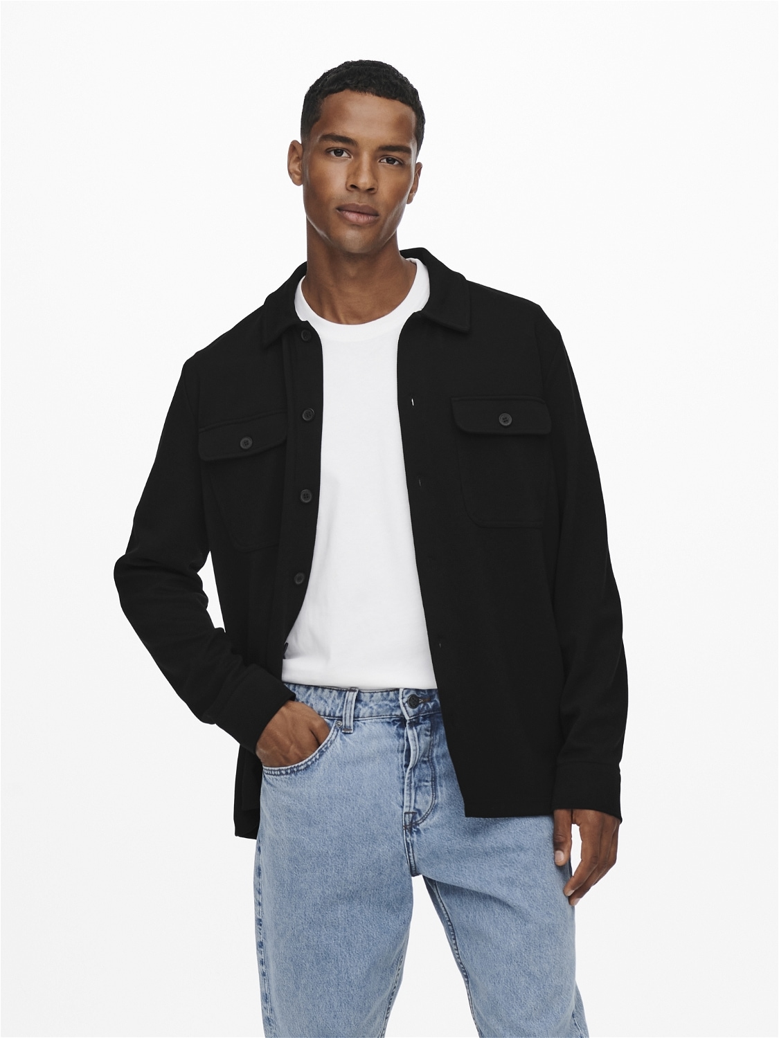 Langarmhemd ONLY & SONS "ONSNEWKODYL OVERSHIRT SWEAT NOOS", Herren, Gr. XXL, N-Gr, schwarz, Web, Obermaterial: 62% Polyester, 33% Viskose, 5% Elasthan, unifarben, normal normal, Hemden, Materialmix, regular fit
