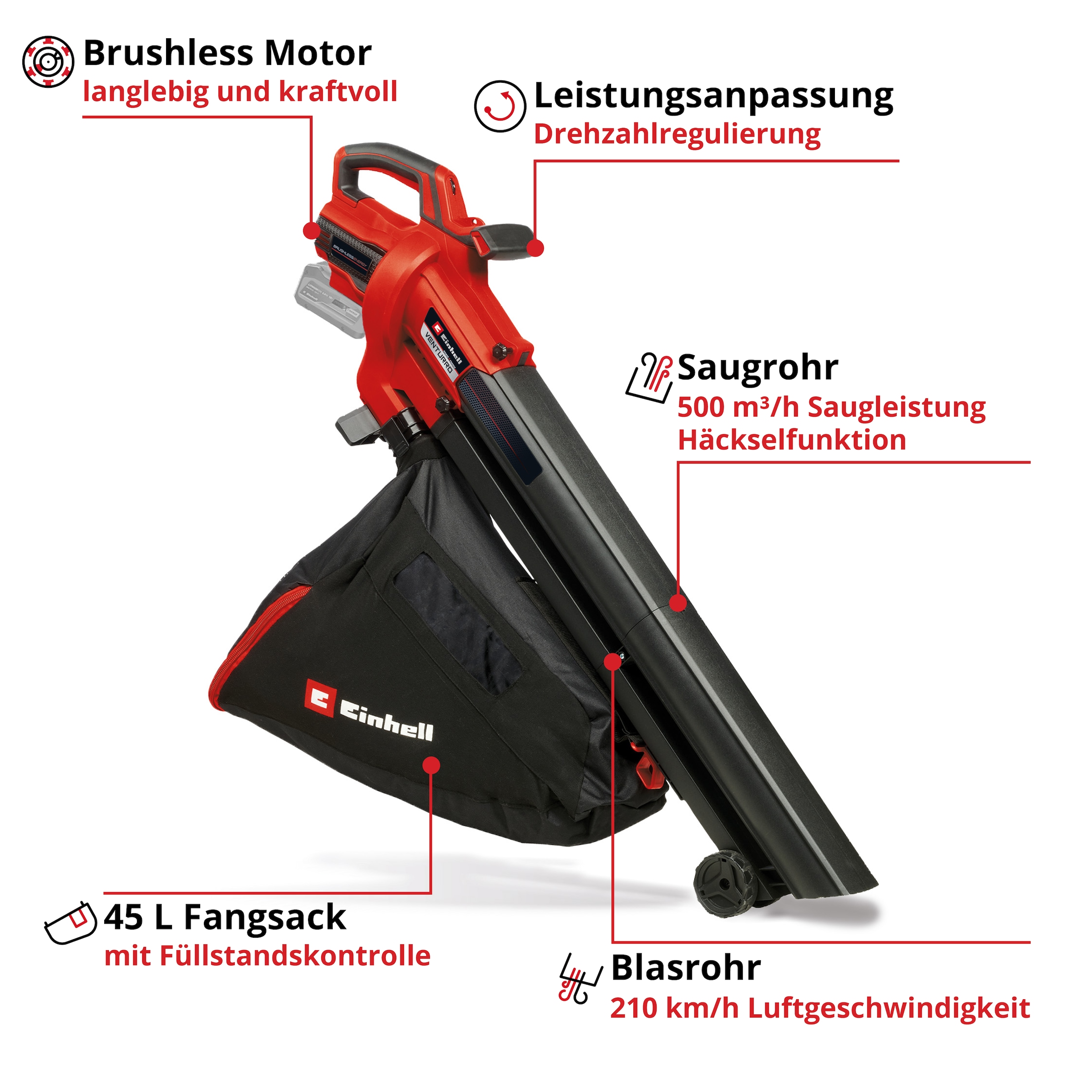 Einhell Akku-Laubsauger »VENTURRO 18/210«, km/h Blasgeschwindigkeit, ohne Akku und Ladegerät