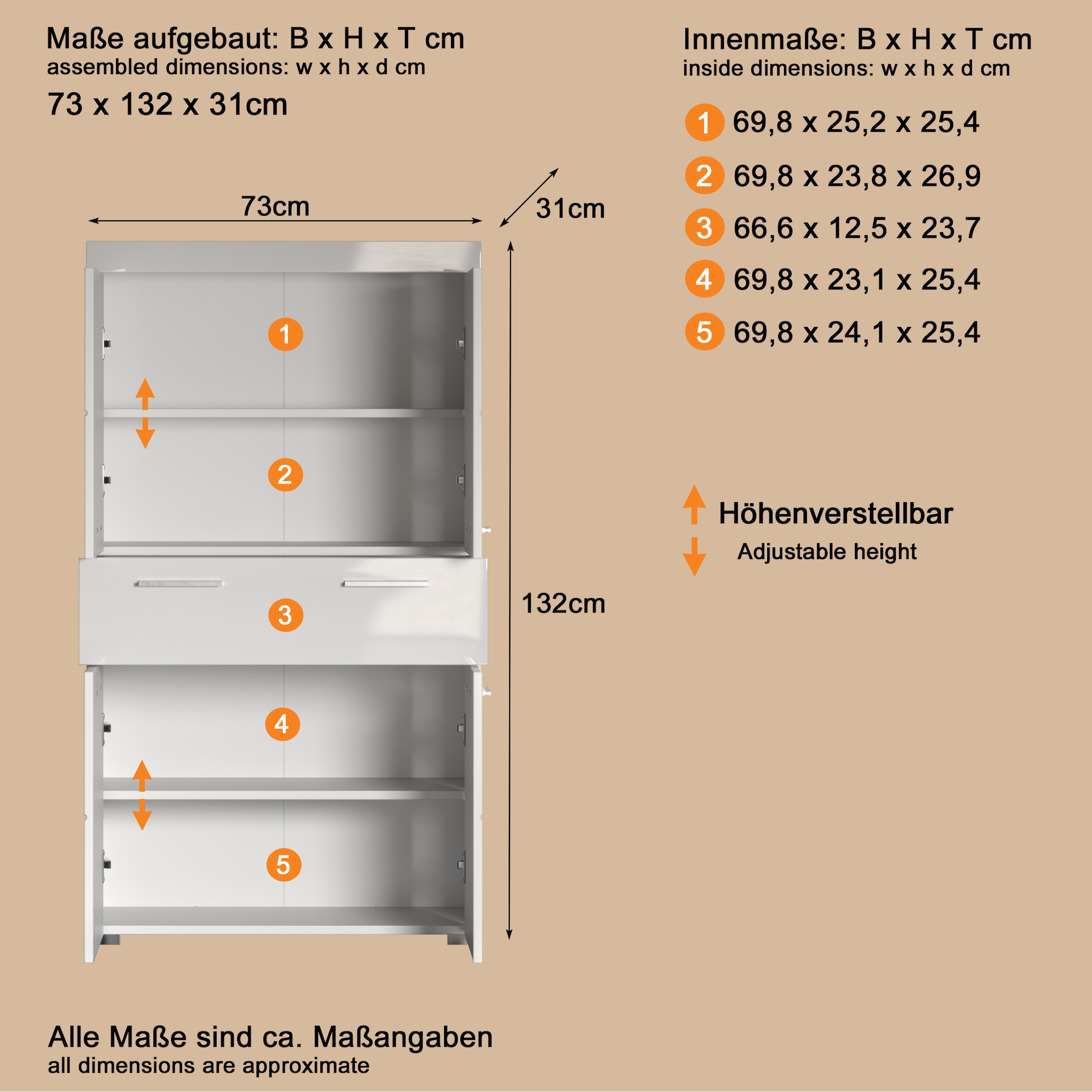 welltime Midischrank »Avena«, Standschrank mit 4 Türen, 1 Schublade - (B/T/H) 73/31/130 cm