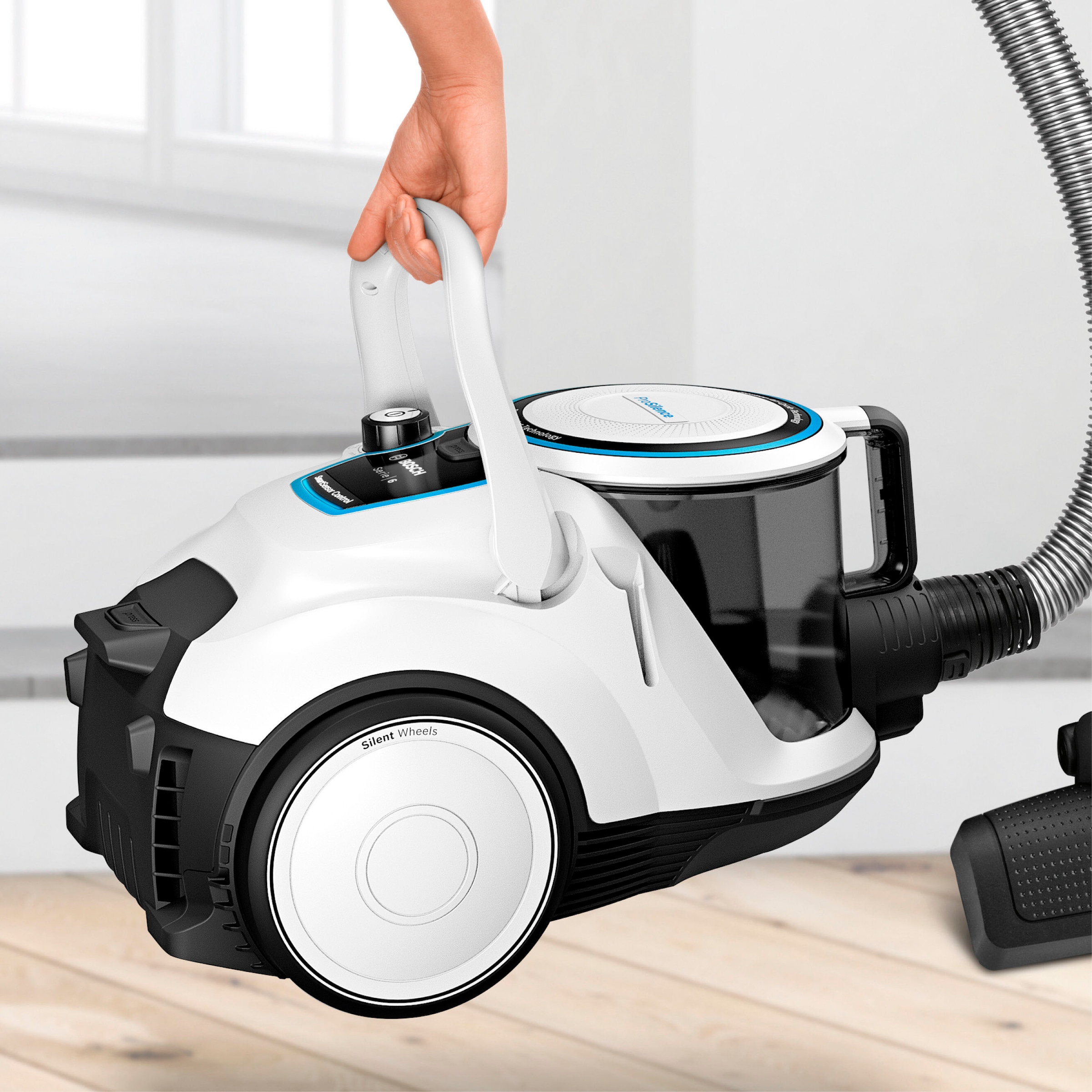 BOSCH Bodenstaubsauger »Serie 6 ProSilence BGC41LSIL, Hygiene-Filter, 10 Jahre Motorgarantie«, 600 W, beutellos, hohe Saugkraft, 2in1 Polster- und Fugendüse, leise, weiß