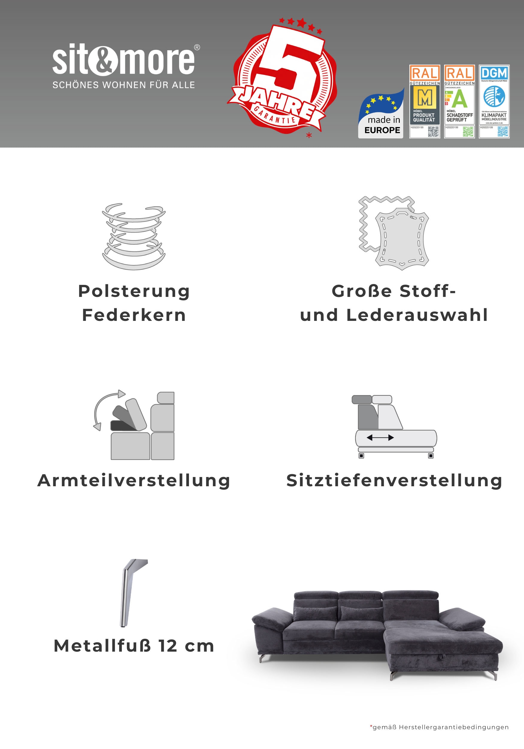 sit&more Wohnlandschaft »Cabrio U-Form, B: 359 cm, mit Sitztiefen-, Arm- & Kopfteilverstellung« 3 Nierenkissen, Federkern, optional Bettfunktion und Stauraum