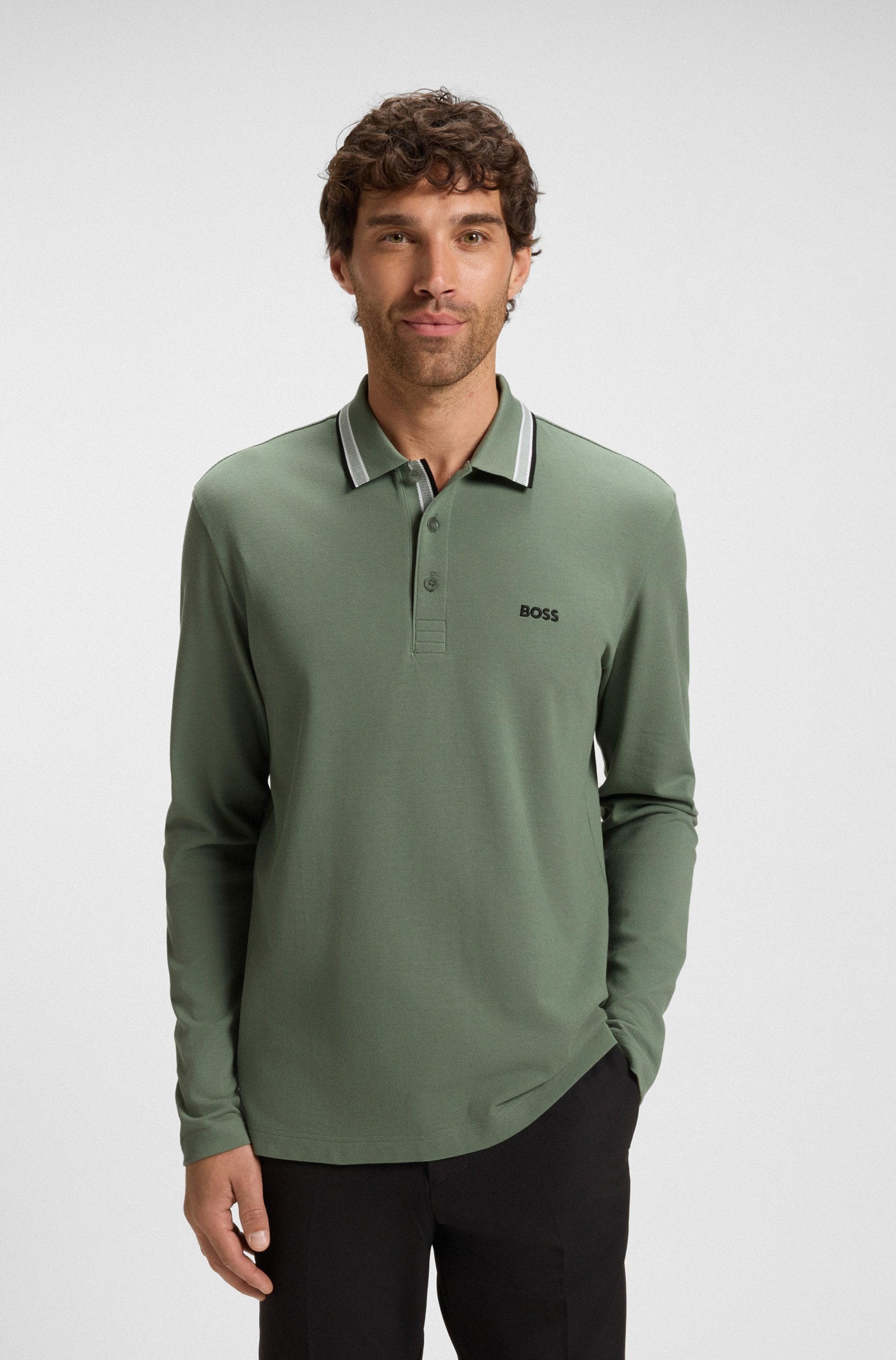 BOSS GREEN Langarm-Poloshirt "Plisy", mit Streifen am Kragen günstig online kaufen