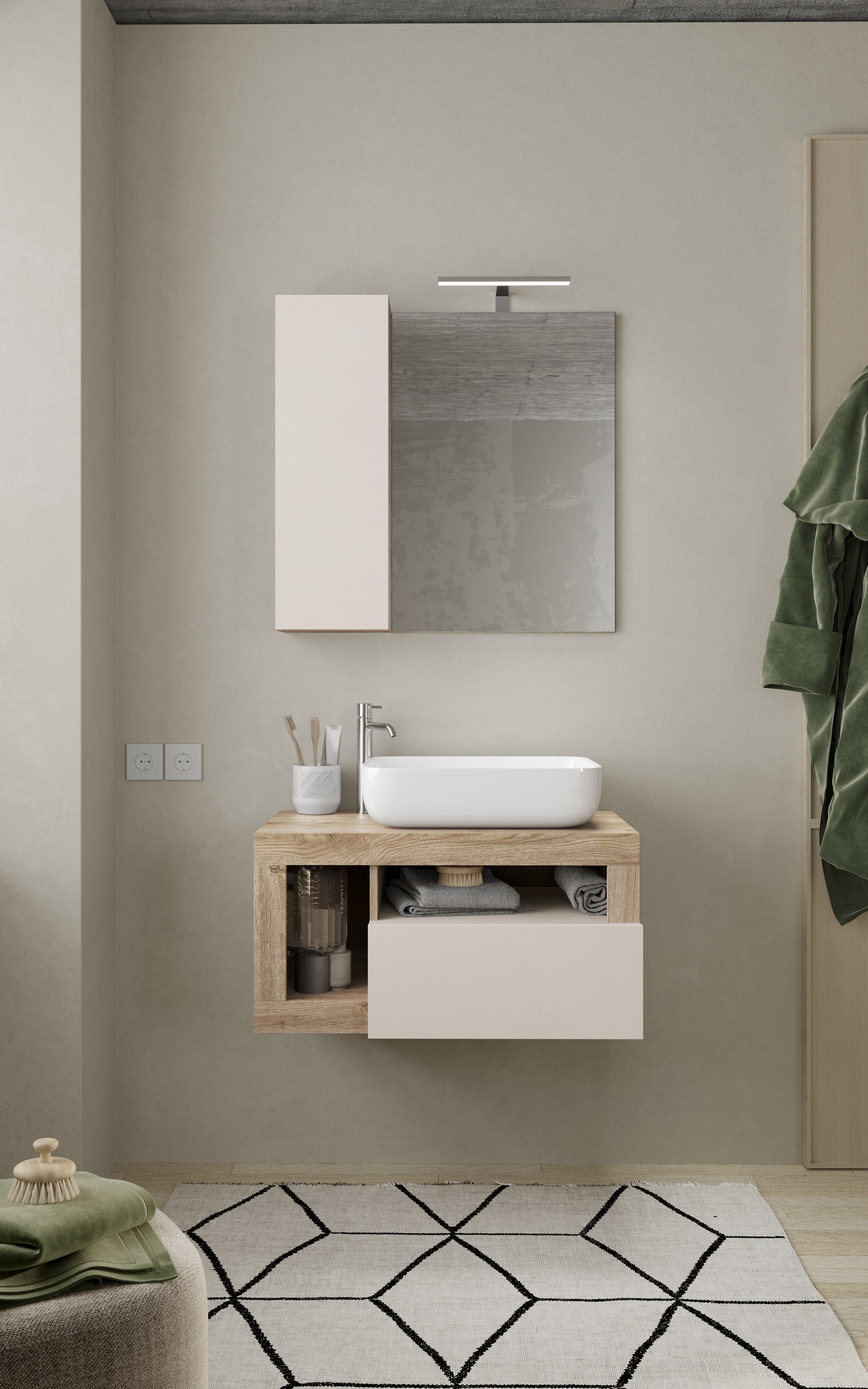 welltime Badmöbel-Set »Hamburg, Badezimmerset 2tlg. Breite 79 cm, Badmöbel, Waschtisch inkl.«, (Spar-Set, 2 St.), Waschbecken, Spiegelschrank mit LED Aufbauleuchte, Soft-Close-Funktion