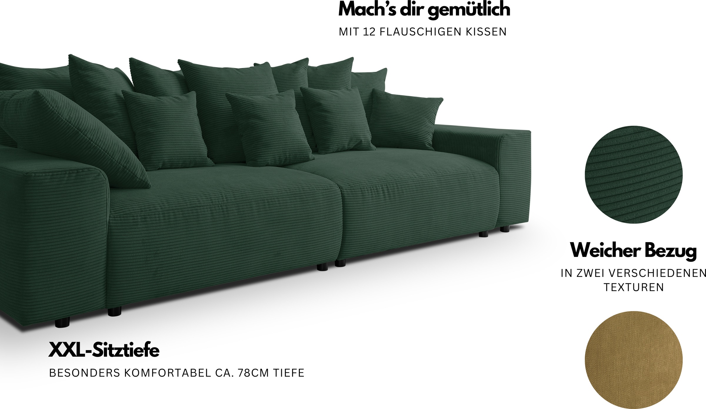 WERK2 Big-Sofa »Maxi B, Breite 290 cm«, Maximaler Kuschelkomfort: XXL-Sofa mit 78 cm Sitztiefe & 12 Kissen