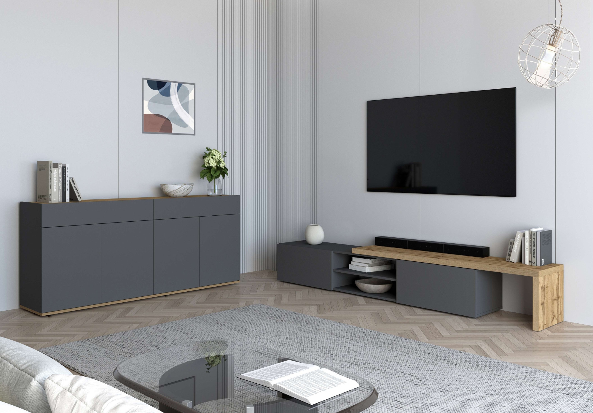 OTTO home Lowboard »New Garda,Lowboard mit Aufsatz,TV-Board mit Ausatz,TV-Schrank-Tv Bank« 1 Stk. tlg. Breite verstellbar v. 183 bis 310 cm,2 Klappen  und L-Förmiger Aufsatz