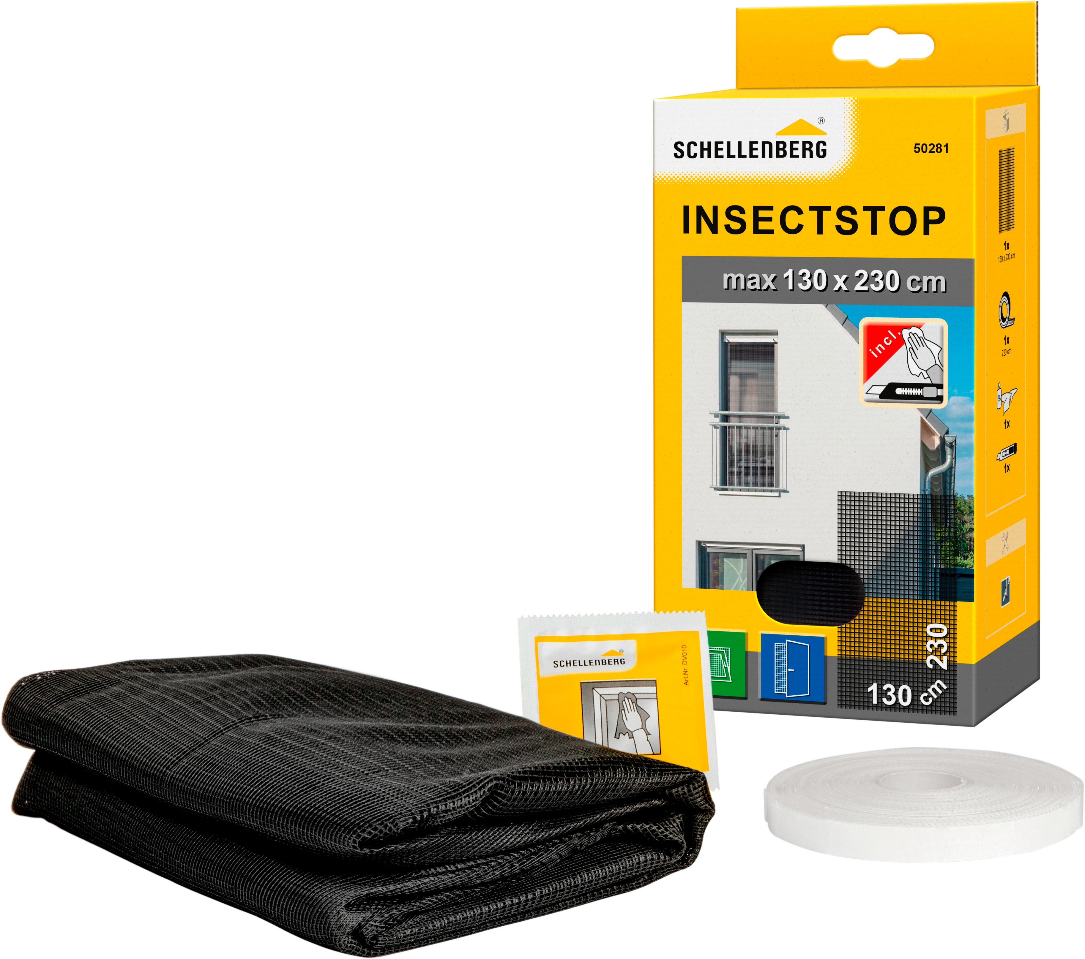 SCHELLENBERG Fliegengitter-Gewebe "für bodentiefe Fenster und Türen" Set, 1 Stk. tlg. Insektenschutz ohne bohren, 130 x 230 cm, weiß und anthrazit