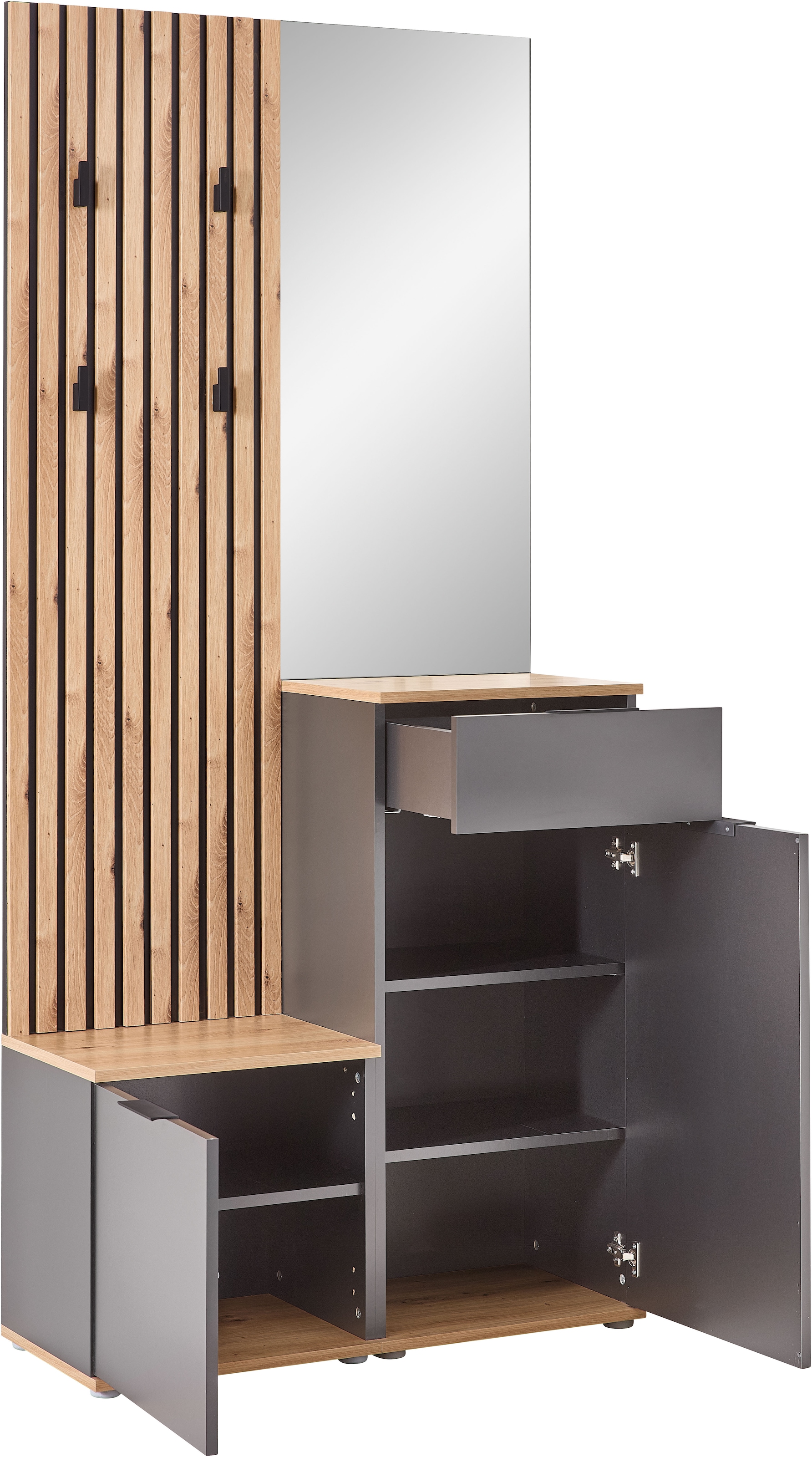 HBZ Kompaktgarderobe »Simple mit Spiegel, Flurgarderobe BxHxT 88x195x35 cm«, (4 St.), mit Bank, Paneel, Schuhkommode mit Schubkasten und Spiegel