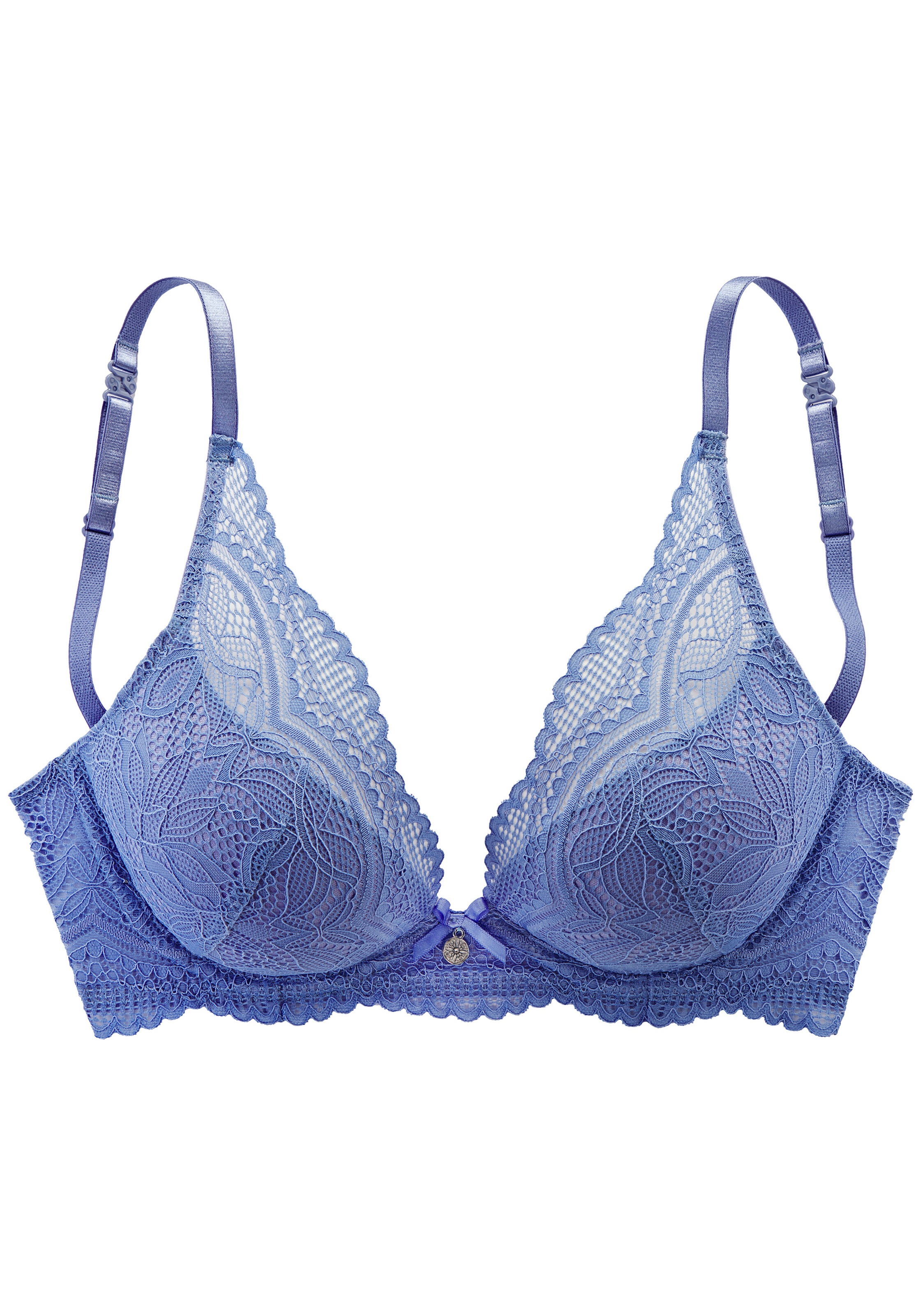 Bralette-BH LASCANA "Alicia", Damen, Gr. 75, Cup B, blau (kornblumenblau), Spitze, Obermaterial: 50% Polyamid, 44% Polyester, 6% Elasthan, BHs, ohne Bügel mit feiner Spitze mit Blättermotiv, Dessous 6