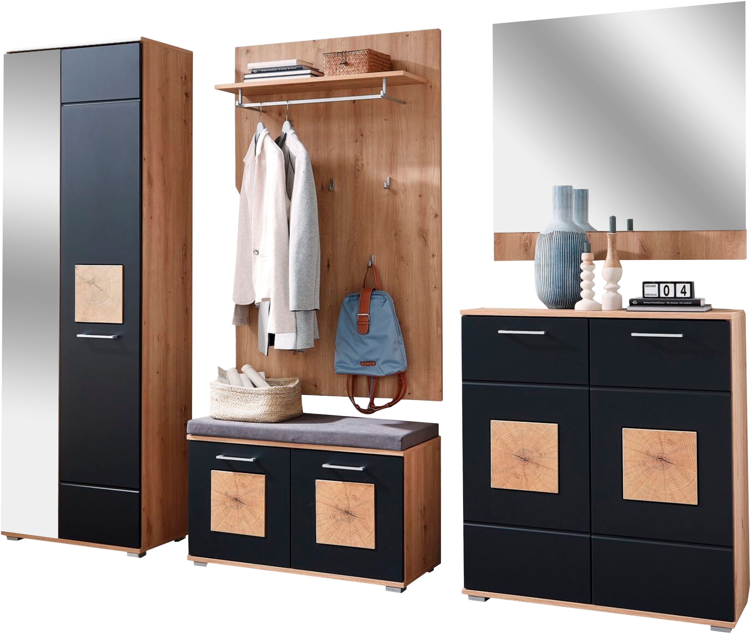 Innostyle Garderoben-Set »Fun Garderoben Set, 263x195x38cm (B/H/T)«, (1 St.), besteht aus 5 Typen,Spiegeltür,Sitzkissen
