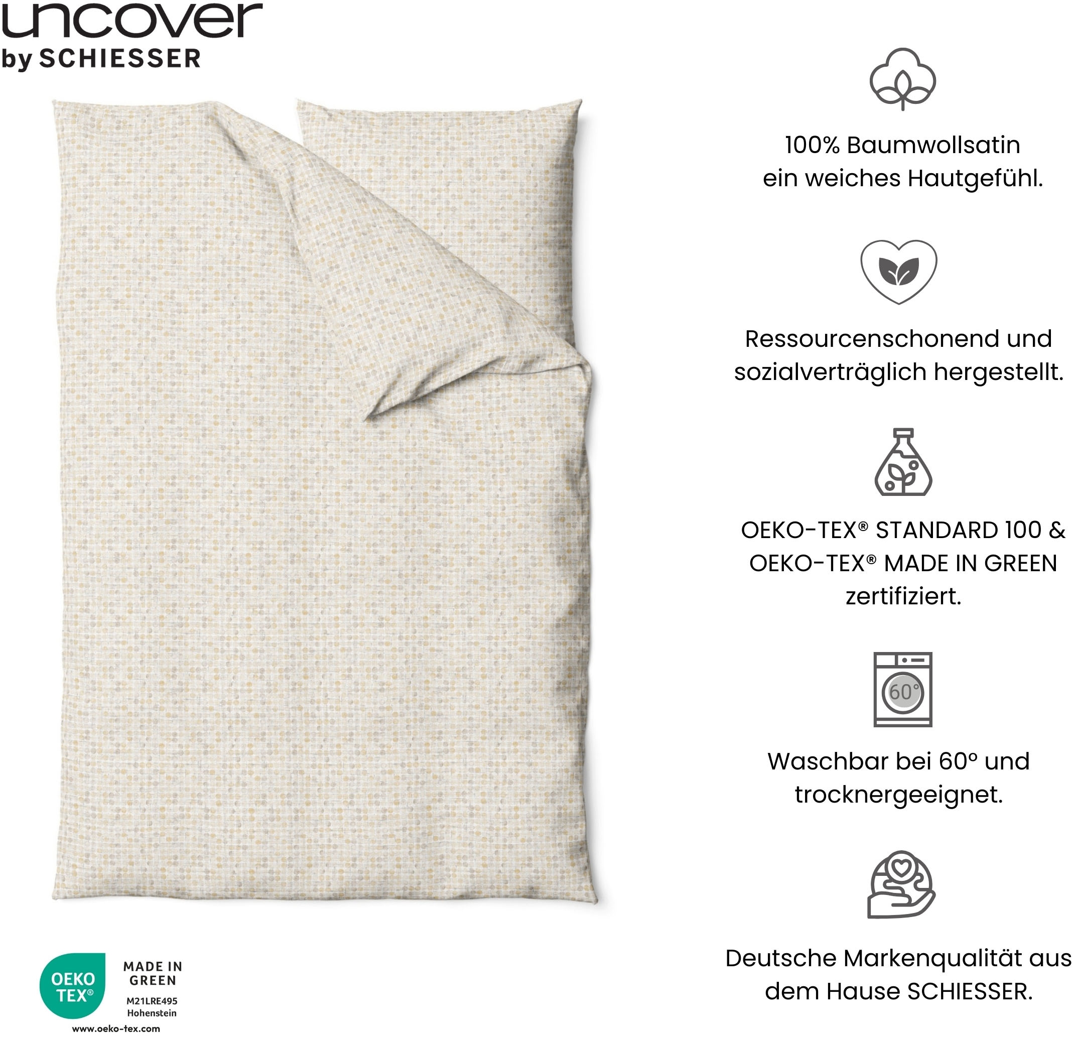 uncover by SCHIESSER Bettwäsche »Punto aus edlem Baumwollsatin, 135x200cm + 80x80cm«, Made in Green