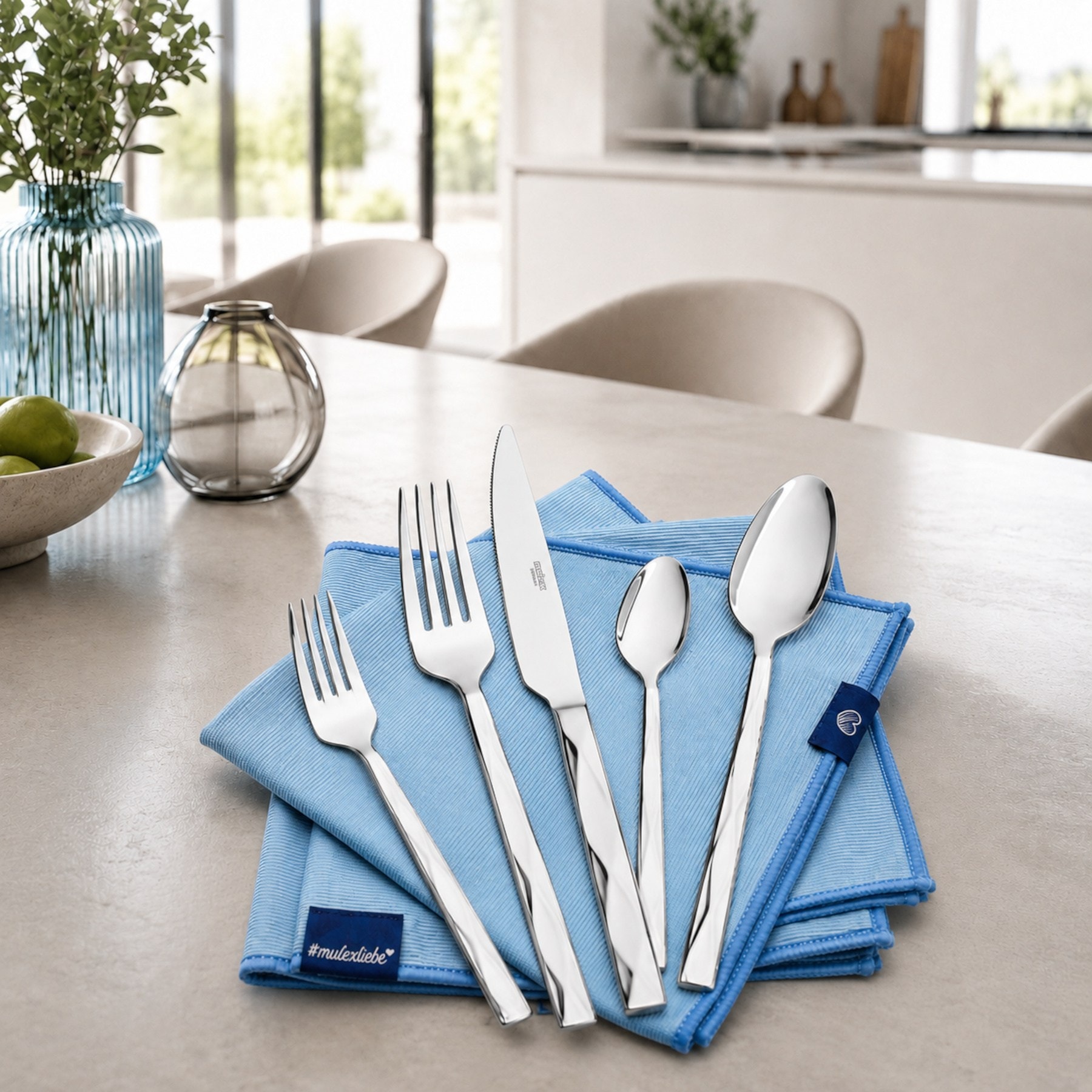 Mulex Besteck-Set »Vicenza, Besteckset mit 3 Multifunktionstüchern« Facetten-Design mit edler Haptik und zeitloser Eleganz
