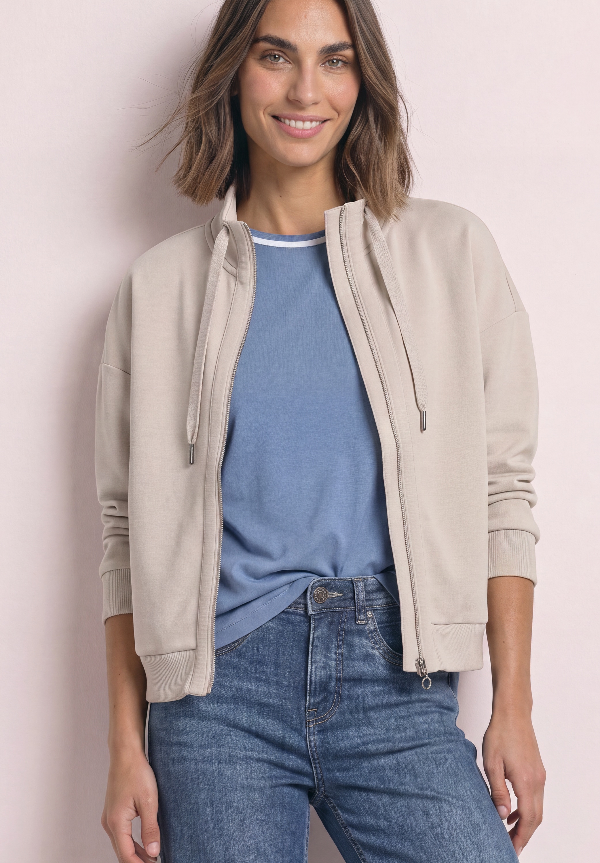 STREET ONE Sweatjacke 3/4-Arm Jacke im Silk-Look mit Rippdetails