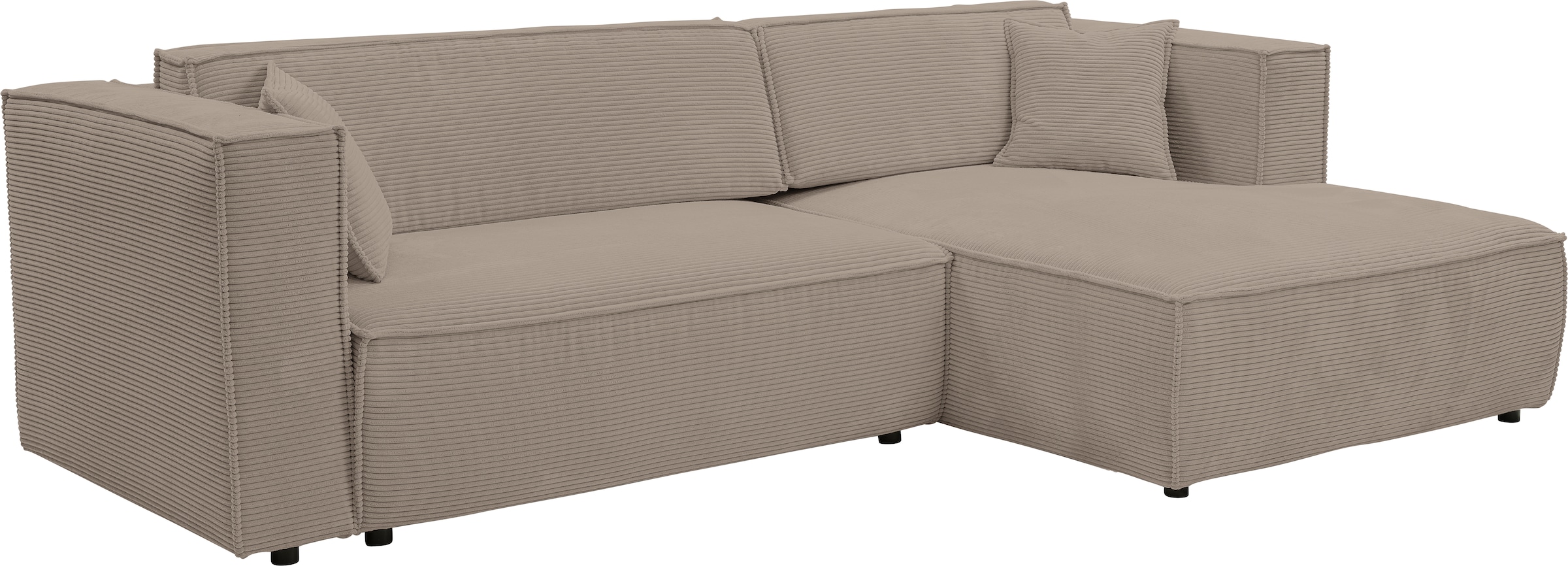 WERK2 Ecksofa »Atlanta-New, modernes Design, Stellmaße 280x147cm, L-Form, Kedernaht«, hoher Komfort, Schlaffunktion & Bettkasten, Cord, Greige