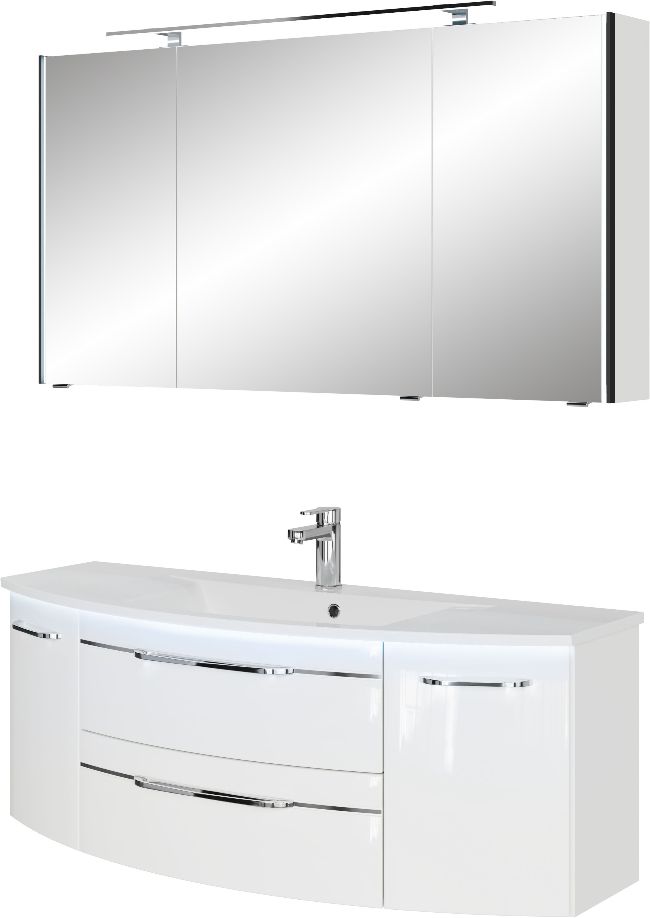 Saphir Badmöbel-Set »Serie 7045 2-teilig Mineralmarmor-Waschtisch mit LED-Spiegelschrank«, (Set, 2 St.), Badezimmer-Set 133,2 cm breit, inkl. Türdämpfer, 5 Türen, 2 Schubladen