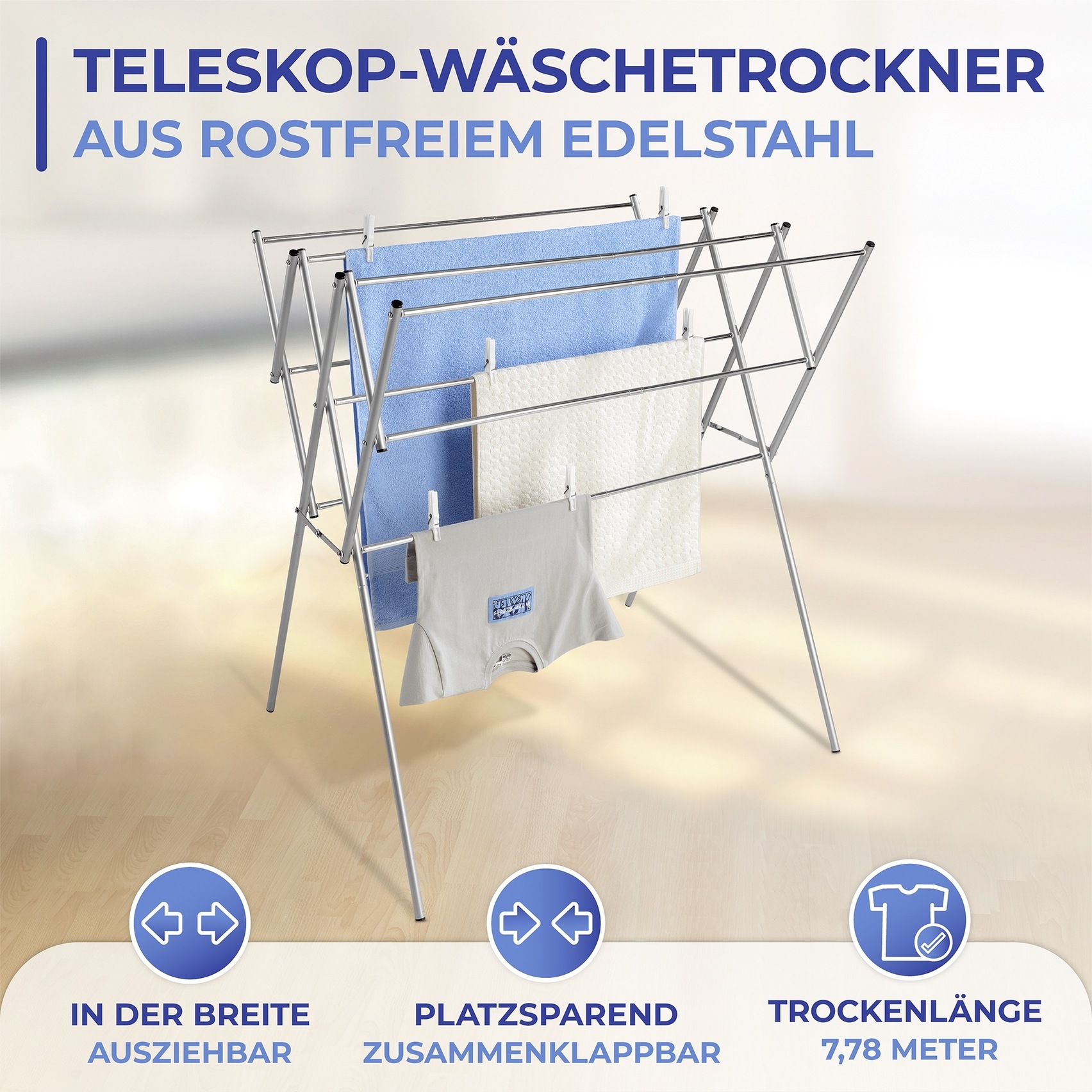 Thumbnail - Maximex Wäscheständer "Teleskop" ausziehbarer Wäschetrockner aus Edelstahl, 7,78 m Trockenlänge