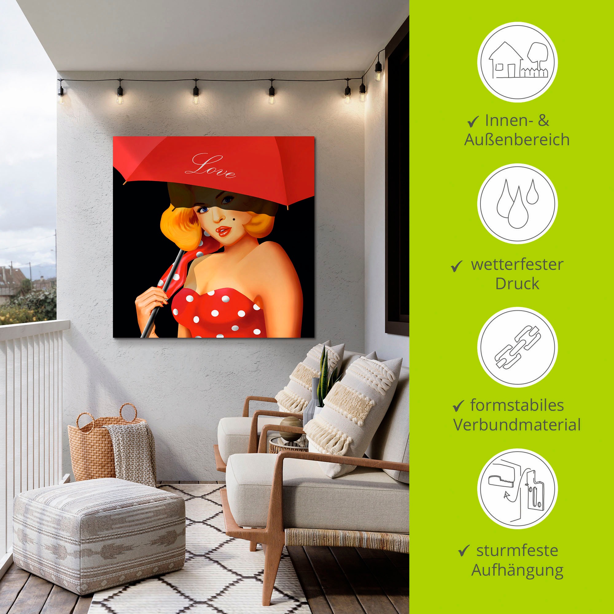 Artland Wandbild »Pin-Up Girl unter rotem Regenschirm«, Frau, (1 St.), als Alubild, Outdoorbild, Leinwandbild in verschied. Größen