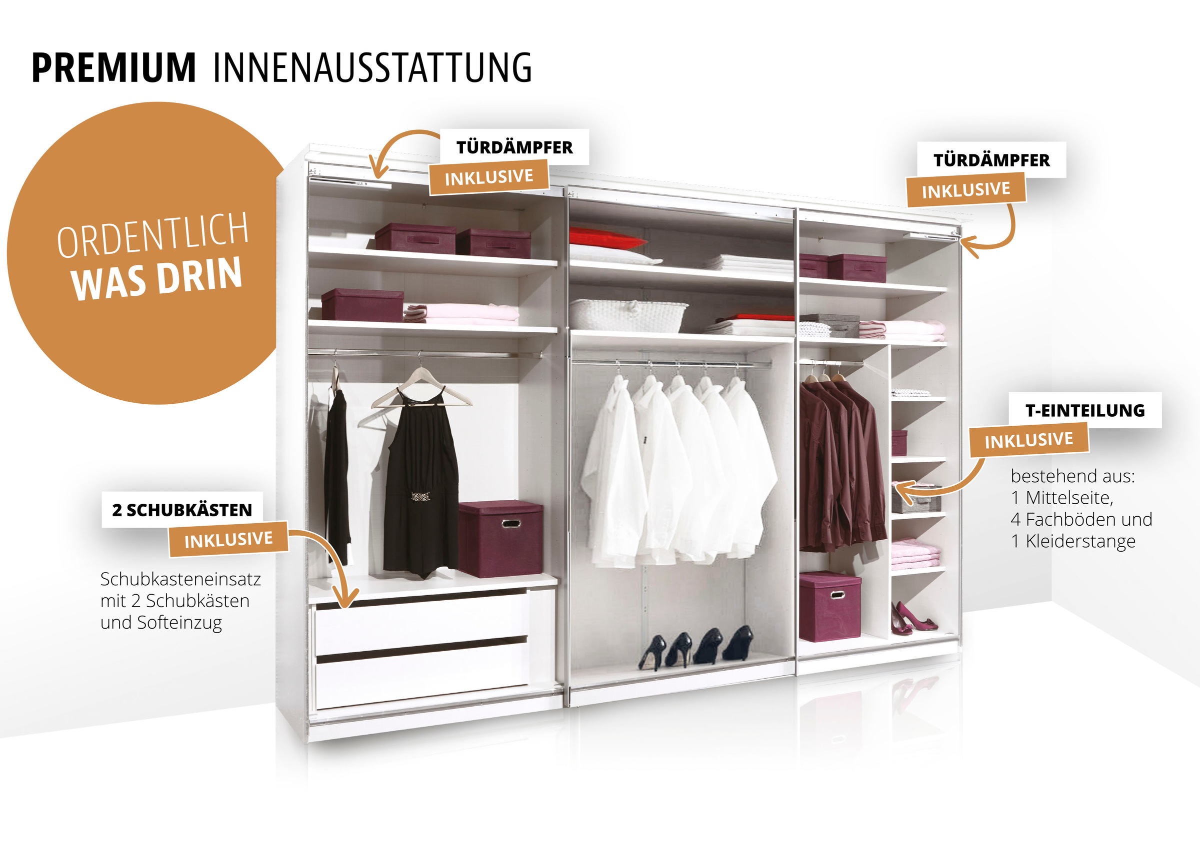 STAUD Schwebetürenschrank »Sinfonie Plus, edles Design in hochwertiger Qualität, Made in Germany«, (in 4 verschiedenen Ausstattungen erhältlich), Mit kombinierter Glas-Spiegel-Front, viele Varianten