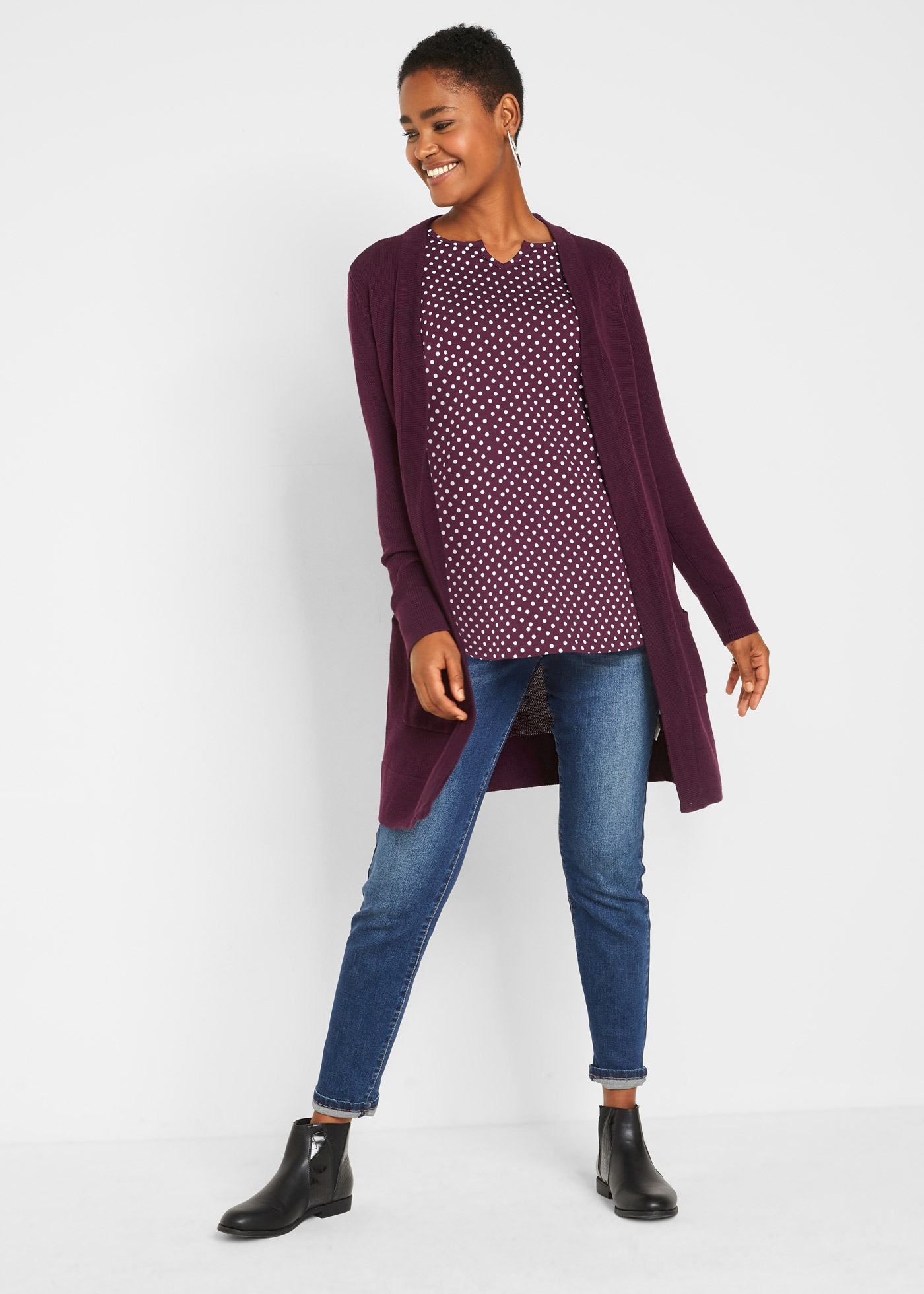 bonprix Langarmshirt »Gepunktetes Baumwoll-Langarmshirt mit Seitenschlitzen« Gepunktetes Baumwoll-Langarmshirt mit Seitenschlitzen