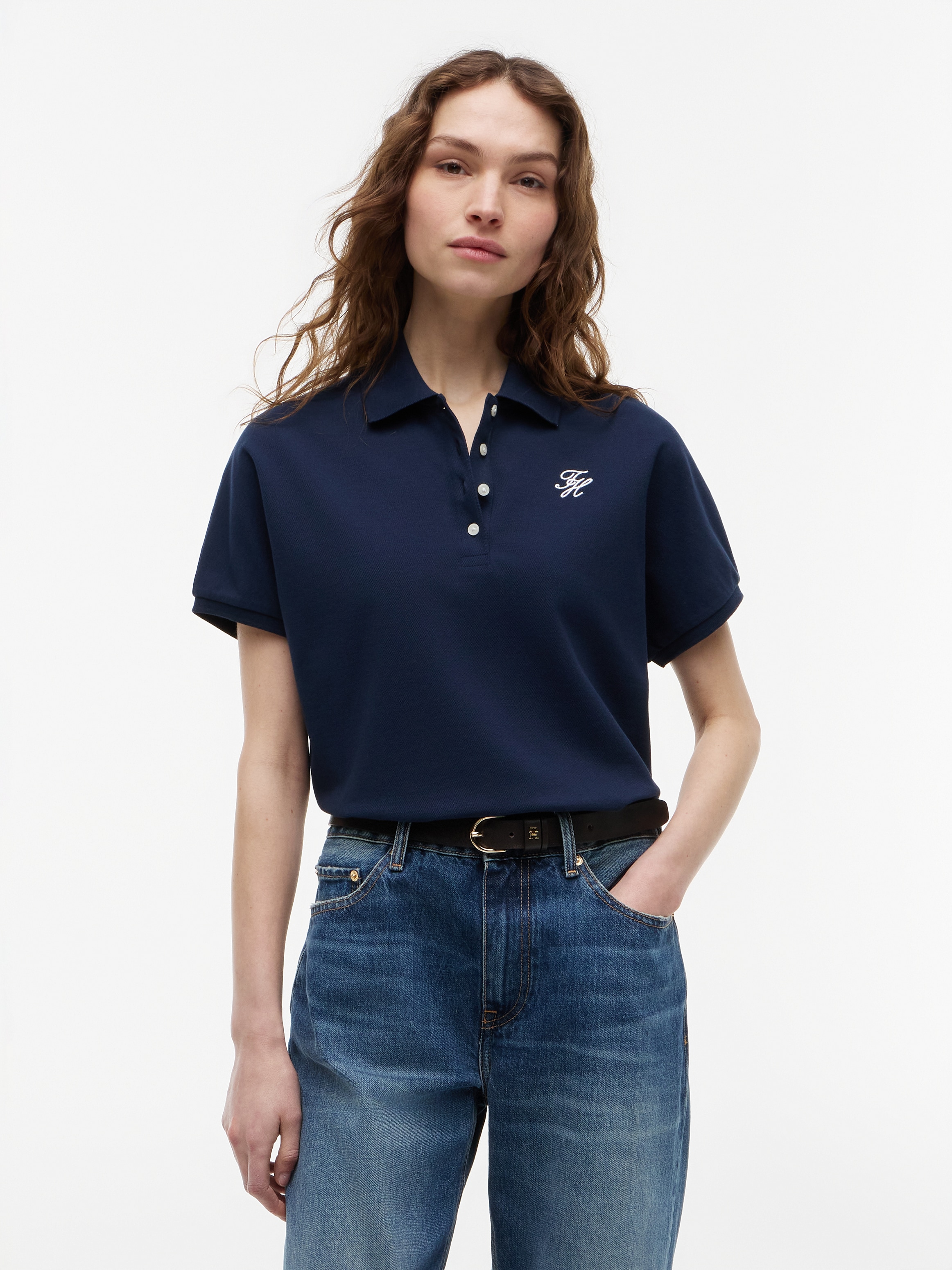 Tommy Hilfiger Poloshirt "TH SCRIPT MODERN SS POLO" Baumwollmischung, Polokragen, kurze Knopfleiste