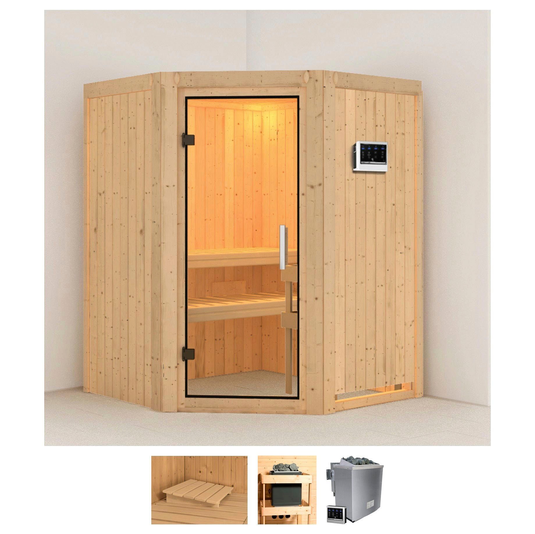 Karibu Sauna "Larin" Set, Ofen 9 kW Bio externe Strg easy
