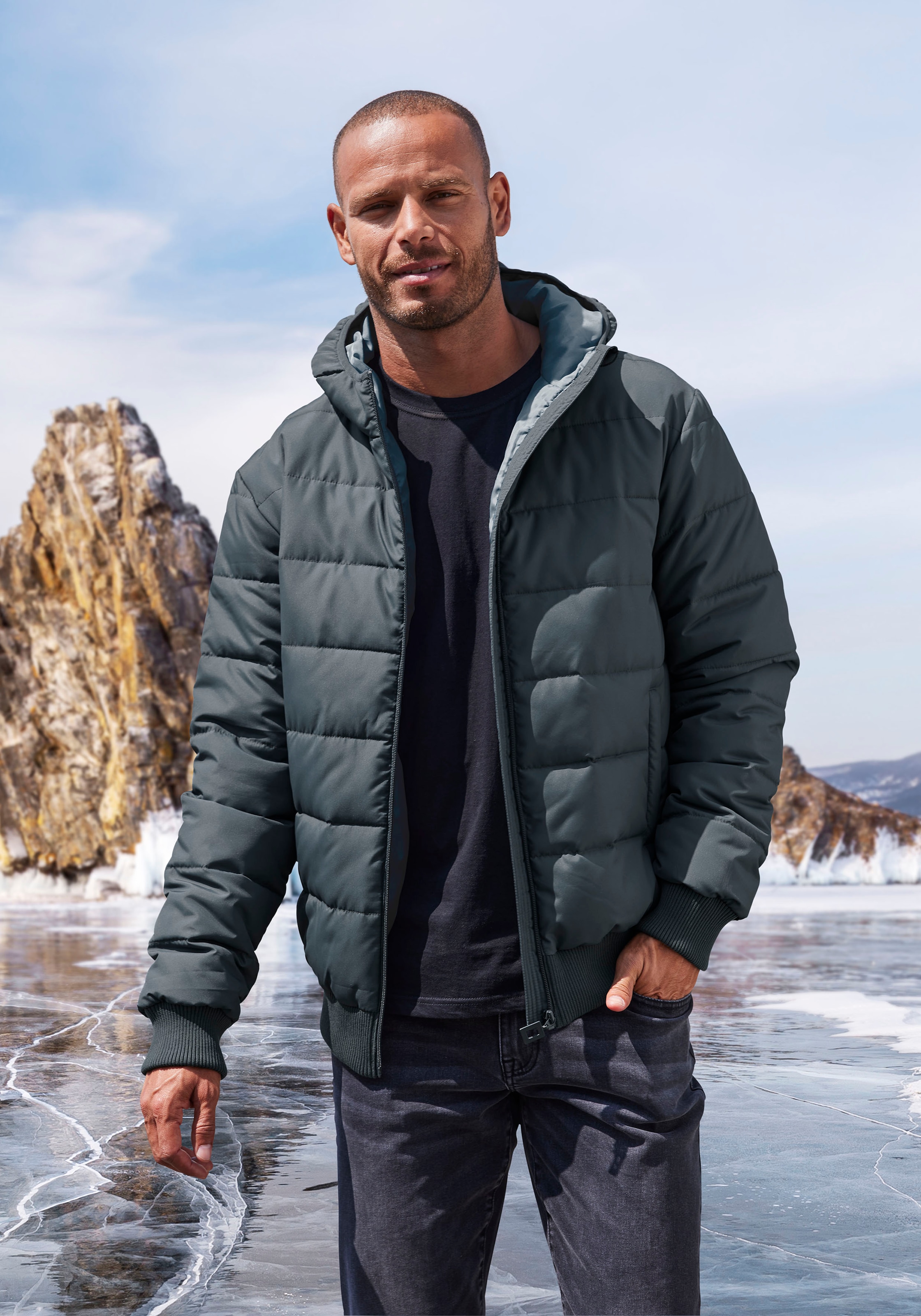 Steppjacke, mit Kapuze, Outdoorjacke mit Strickbündchen