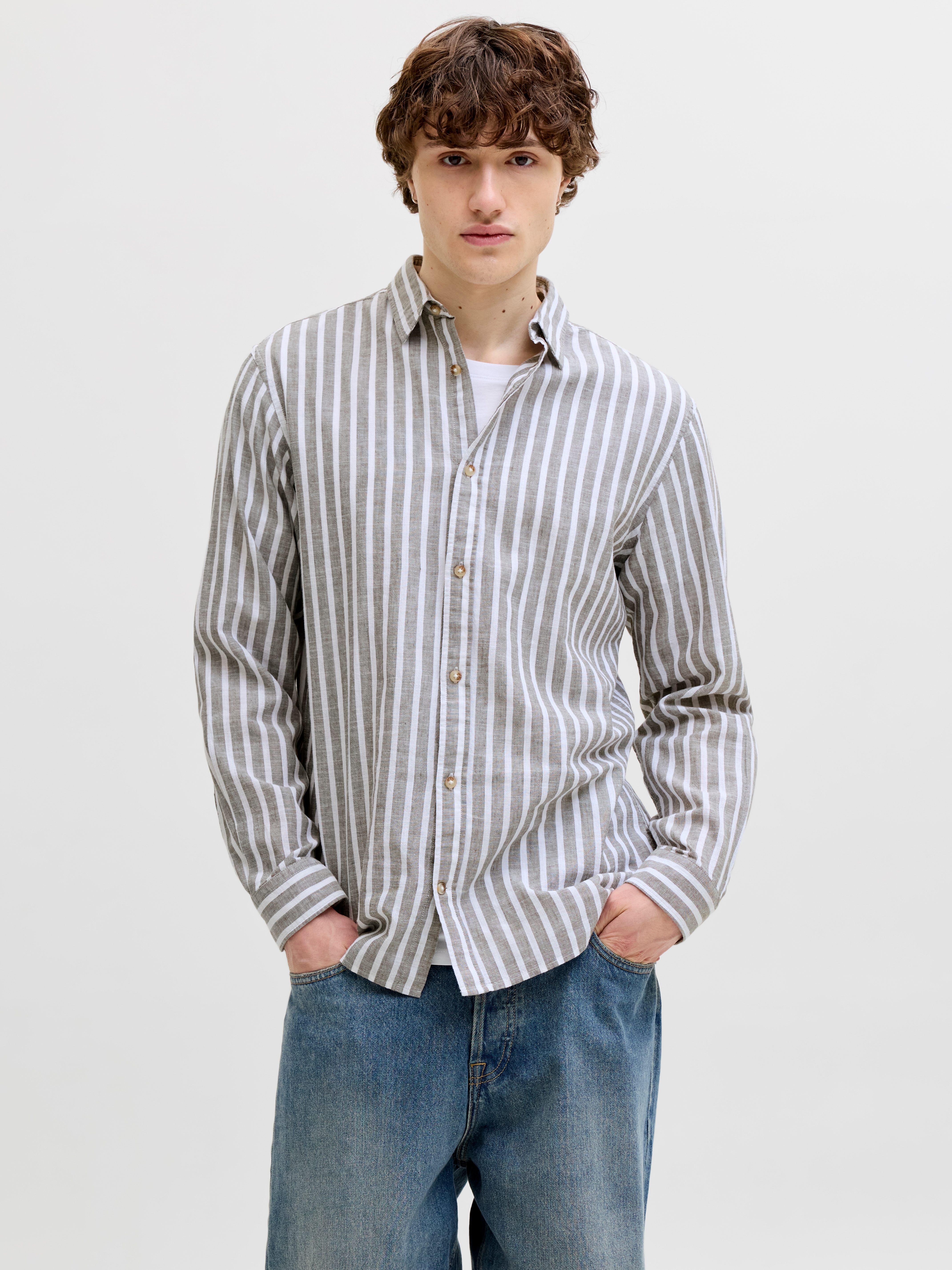 Jack & Jones Chemise à Manches Longues Esummer Linen Blend Vetiver / Stripes M Homme