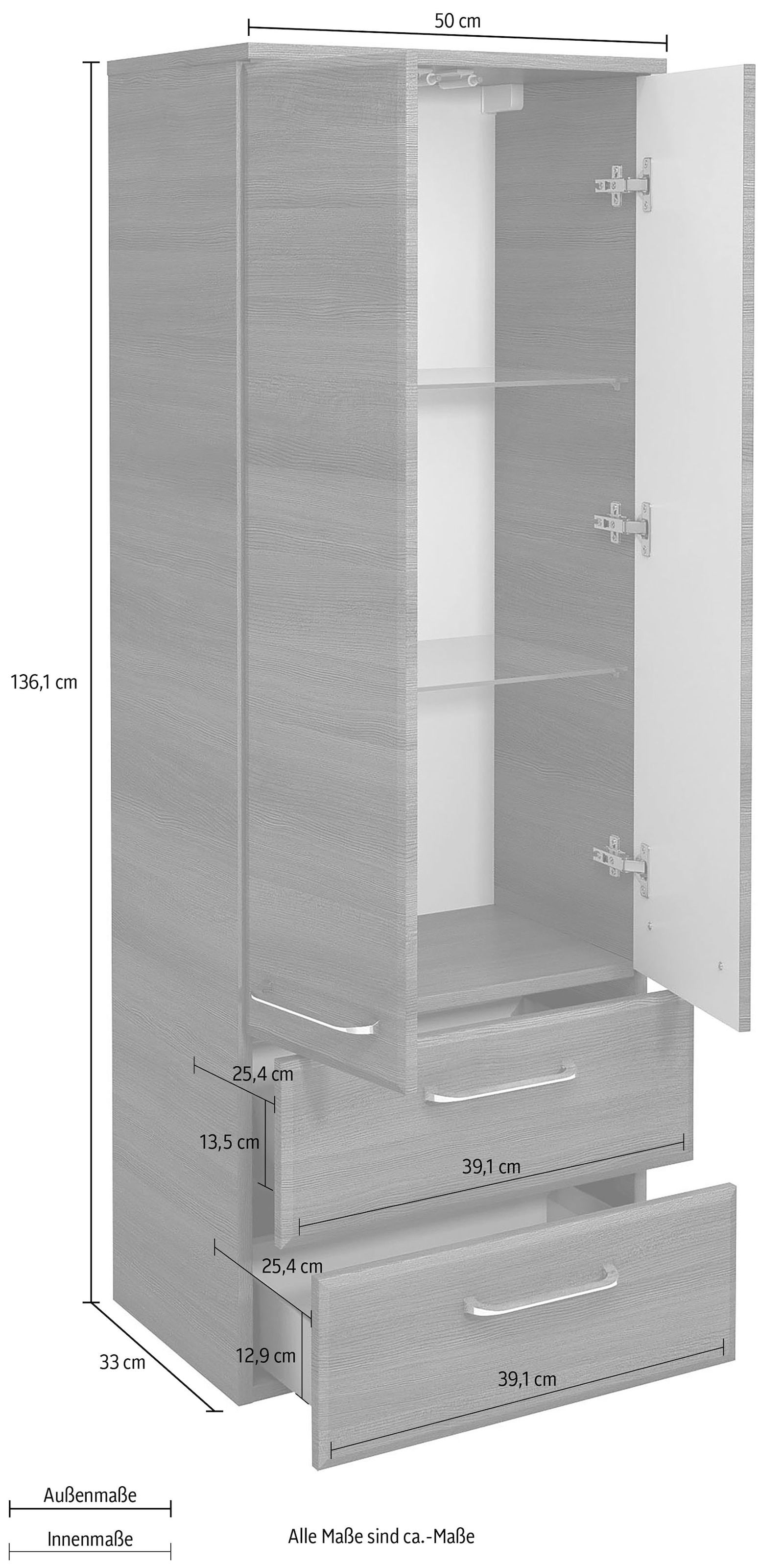 PELIPAL Midischrank »Quickset«, Breite 50 cm, Höhe 136 cm, Glaseinlegeböden,  Türdämpfer bestellen | BAUR