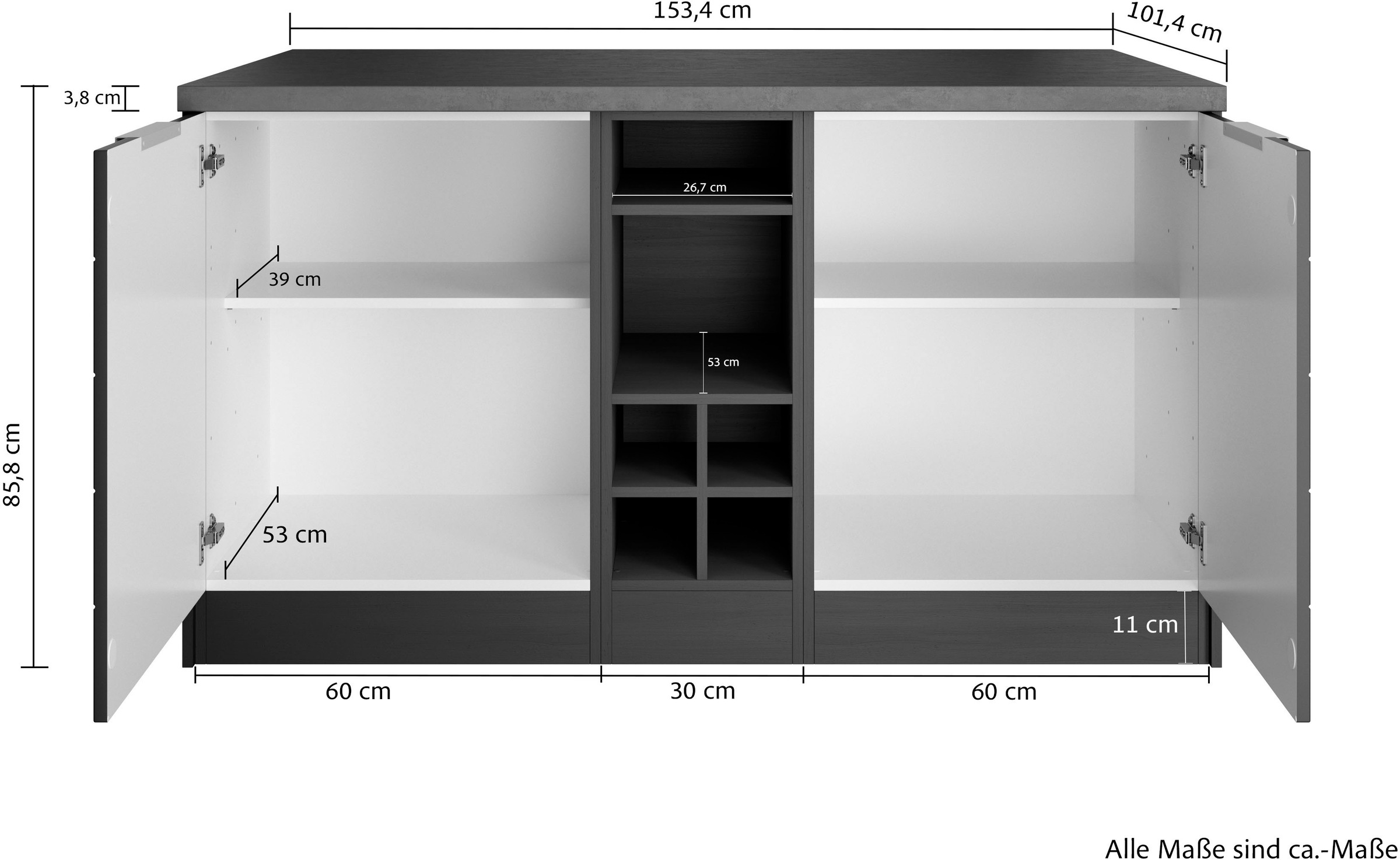 KOCHSTATION Kücheninsel »KS-Luhe, Breite 153 cm, mit Flaschenregal«, MDF-Fronten, Arbeitsplatte 38mm stark