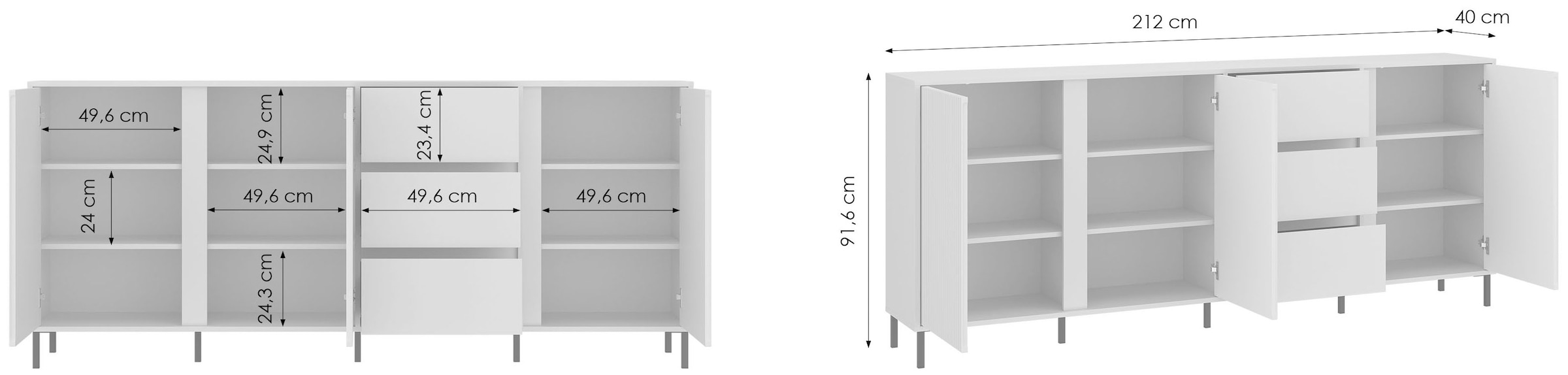 Home affaire Sideboard Sideboard mit Metallfüßen, Breite 212 cm, Fronten geriffelt