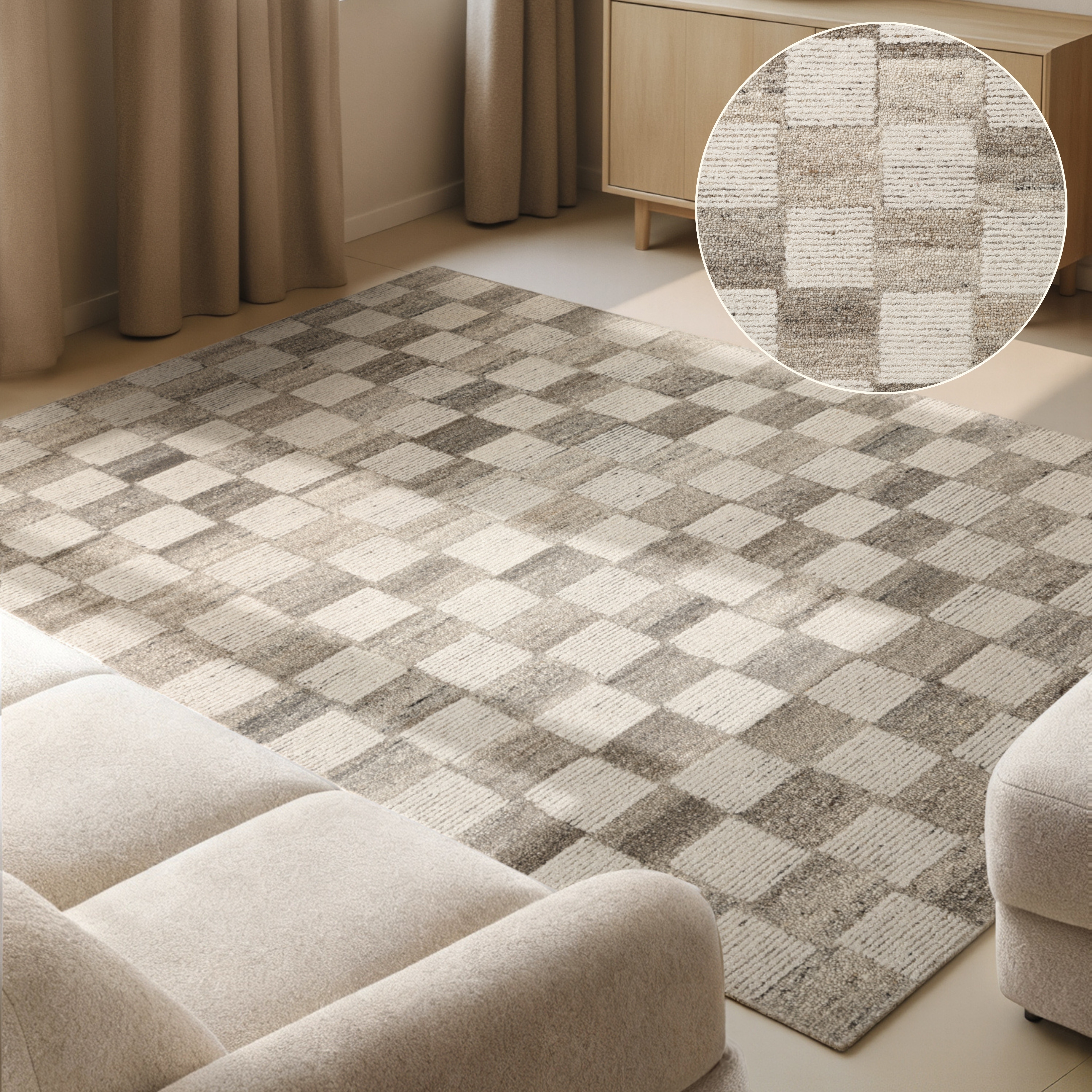 vikosa "Quadra" rechteckig 15 mm Höhe Handgemacht, Kariert, Karo, Natur, Wolle, Wohnzimmer,Schlafzimmer