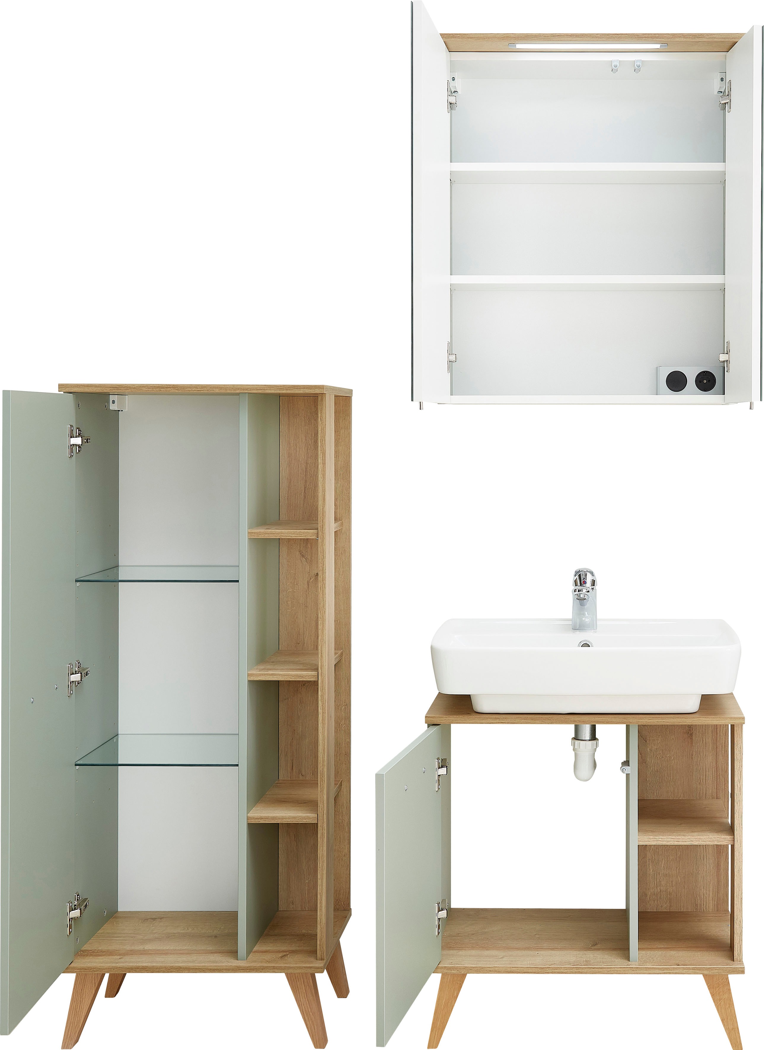 Thumbnail - Saphir Badmöbel-Set "Quickset 3-teilig, Waschbeckenunterschrank mit LED-Spiegelschrank", (3 St.), Midischrank, inkl. Tür...