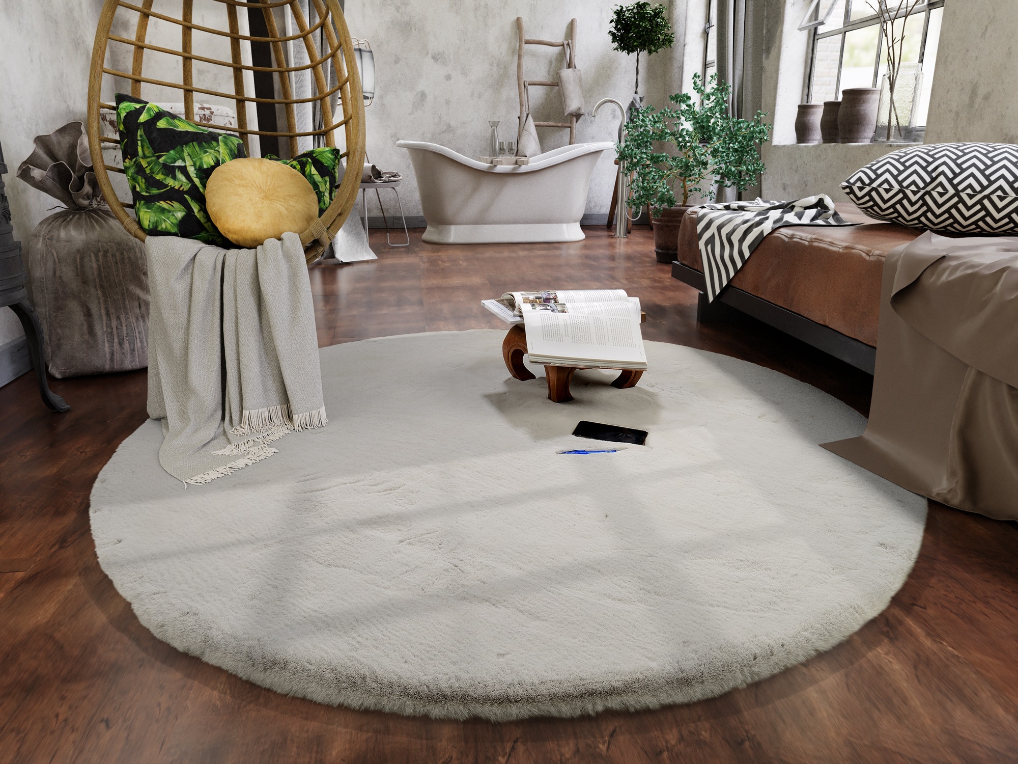 OCI DIE TEPPICHMARKE Hochflor-Teppich "ALISSA, Fell Haptik" rund 38 mm Höhe Kuschelig softer weicher Flor, Kaninchen Fell Haptik, getuftet