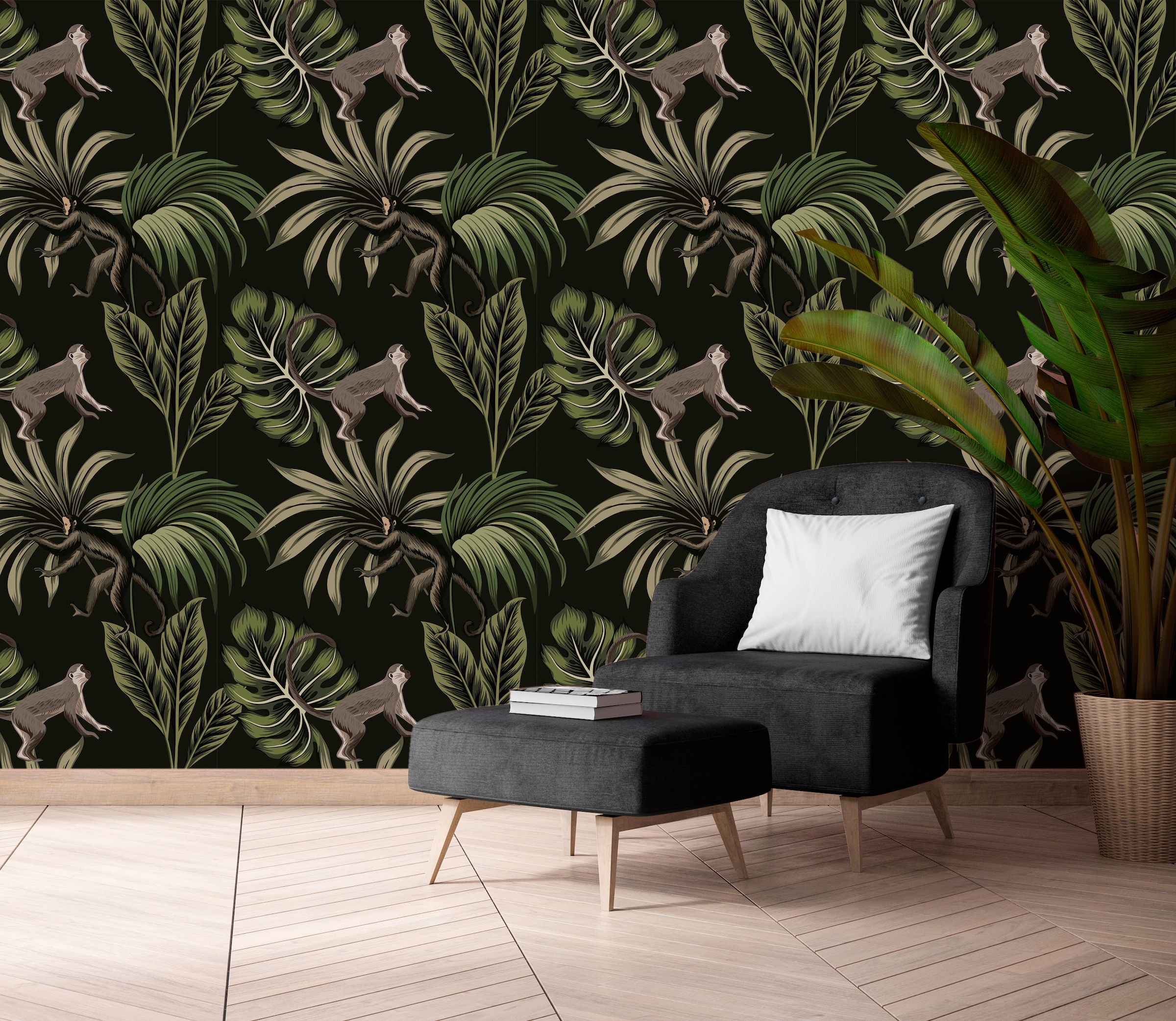queence Vinyltapete »Affen«, bedruckt-Motiv-botanisch-floral-gemustert-natürlich, 90x250cm, selbstklebend, kinderleichte Anbringung, Sticker