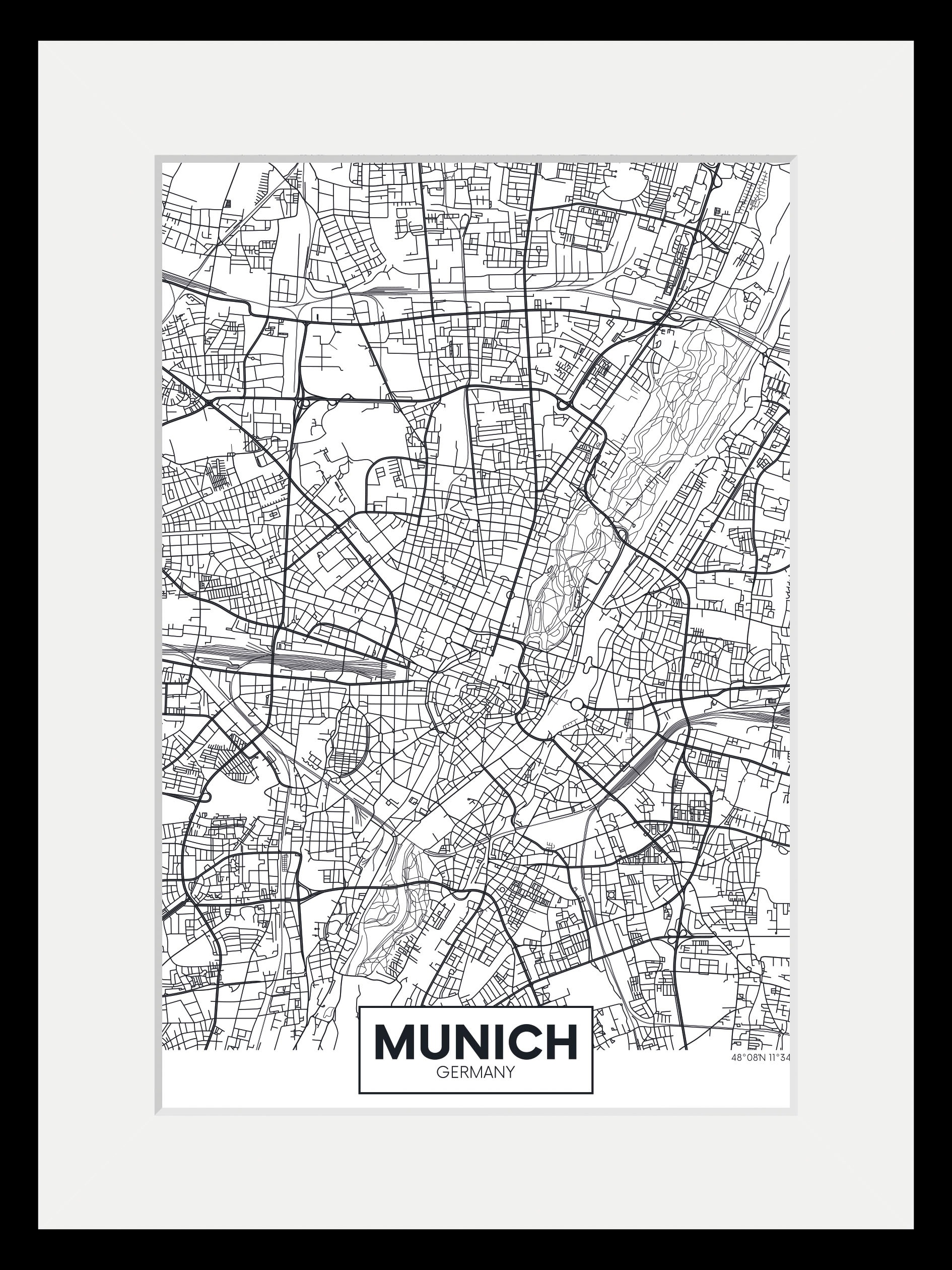 queence Bild »Munich Stadtkarte«, Städte-Schriftzug-Deutschland-Stadt-München-Schwarz-Weiß, (1 St.), HD Premium Poster-Druck inkl. Holzrahmen