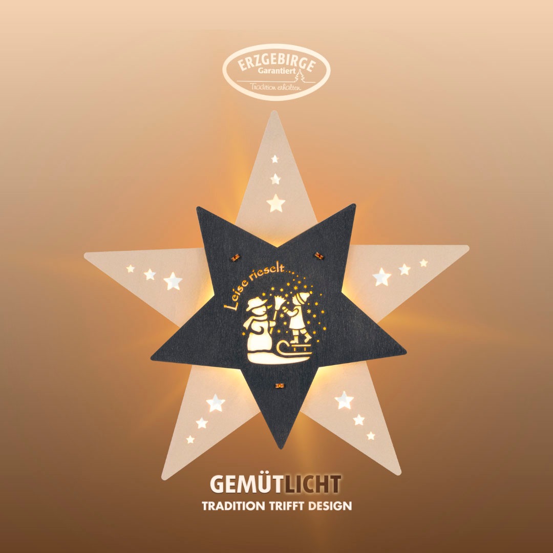 WEIGLA Dekostern "LED Leise rieselt der Schnee, Fensterbild, WEIẞ-GRAU, Made in Germany", H:29cm T:6cm, grau, Dekosterne, Erzgebirge garantiert,