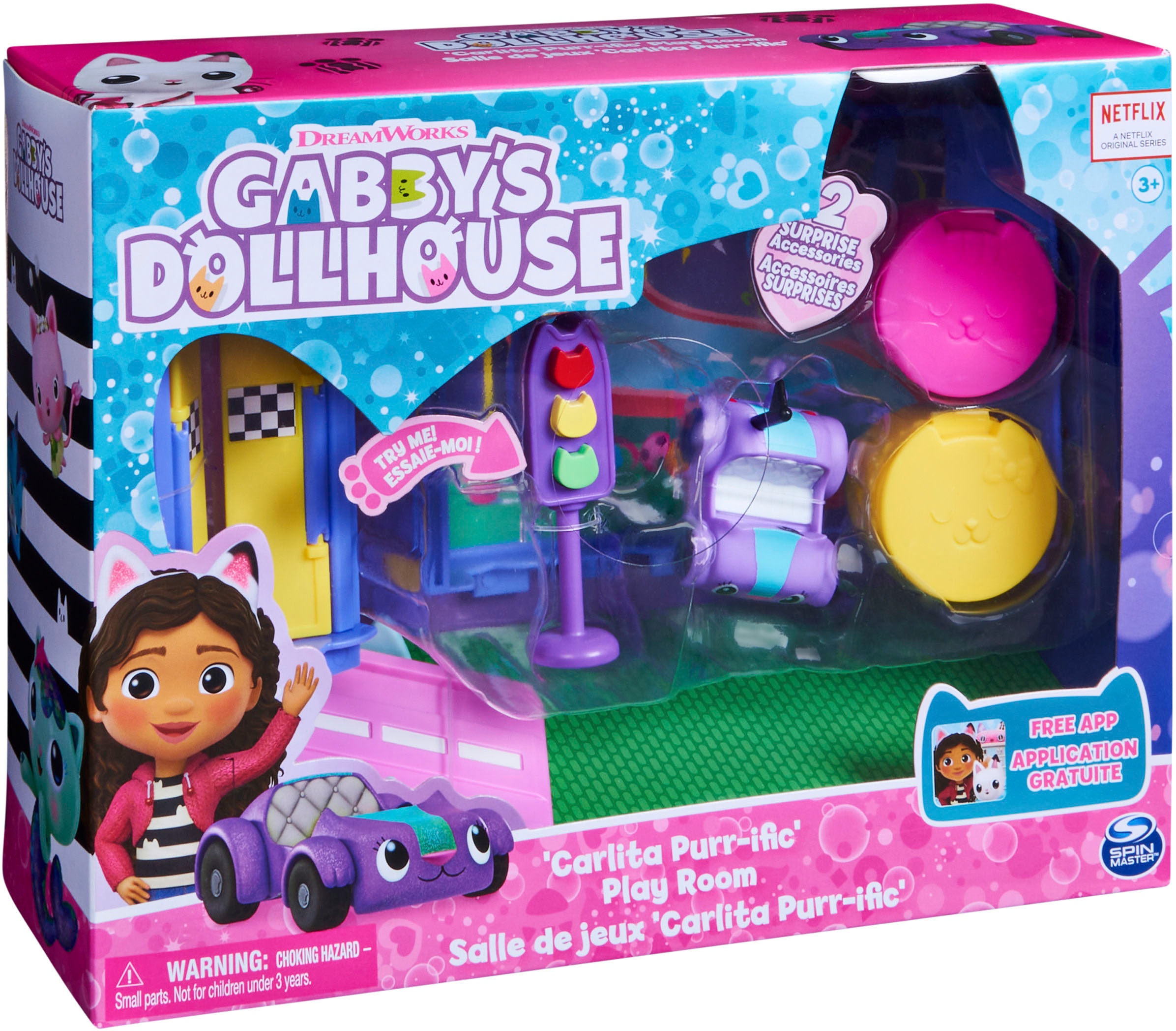Spin Master Spielwelt »Gabby's Dollhouse – Deluxe Room – Carlita's Spielzimmer«, Spielzimmer mit Carlita Auto, Möbelstücken und thematischem Zubehör