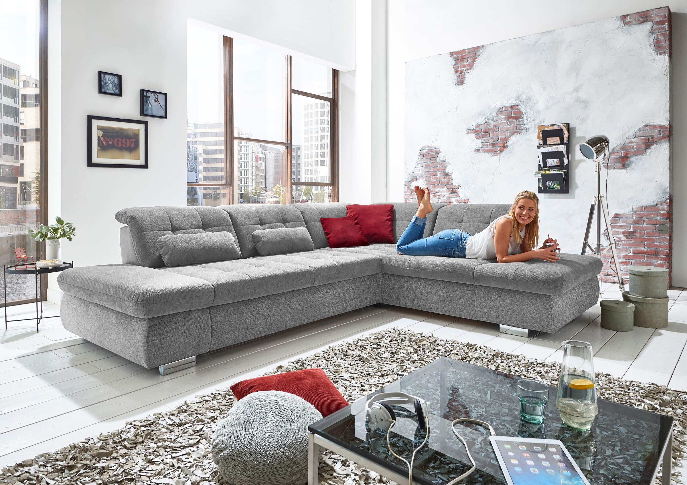 Ecksofa DIE PLANBAR "MP-IN17004 L-Form, Breite 323 cm, wahlweise weitere Funktionen", silber, B:323cm H:84cm T:124cm, 100% Polyester, Sofas, Ecksofa, Kaltschaum-Polsterung, inkl. Sitztiefenverstellung