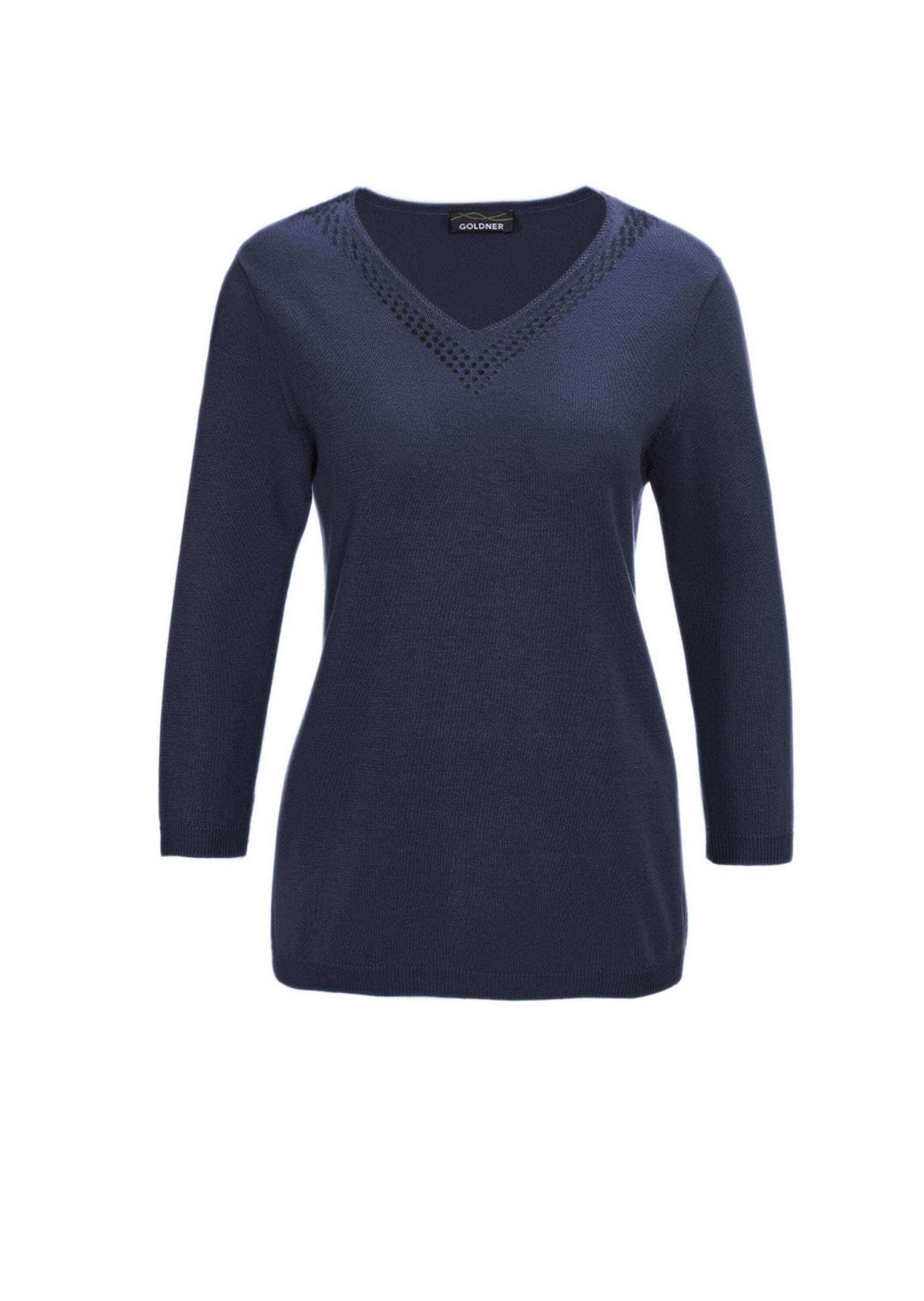 GOLDNER Rundhalspullover "Kurzgröße Baumwollpullover mit Ajour-Details" Mit hübschen Ajourdetails am V-Ausschnitt