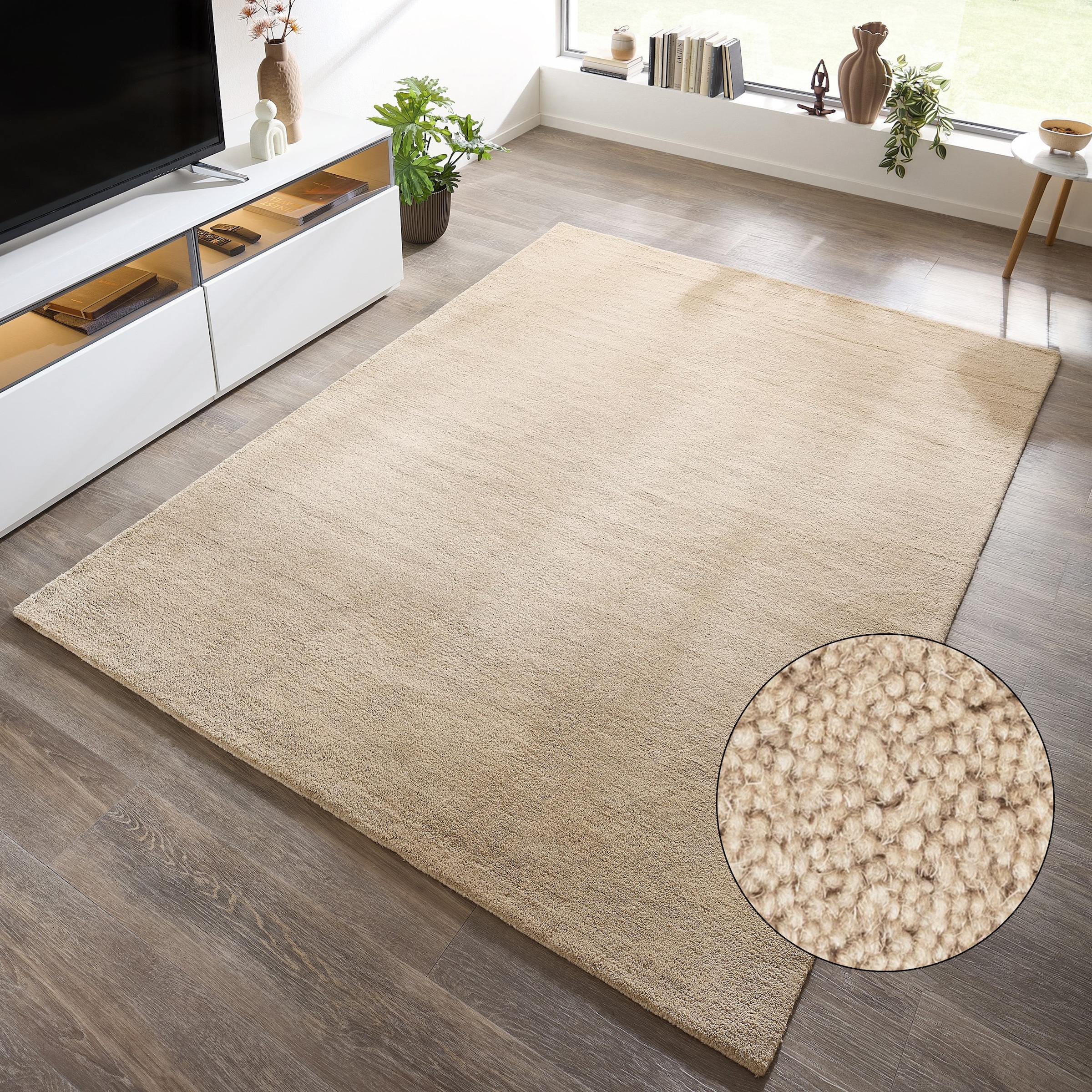 OTTO home Wollteppich "Gabbo Natur, Handgefertigt, Teppich, reine Wolle, meliert" rechteckig 14 mm Höhe reine Wolle, Uni, Wohnzimmer, Schlafzimmer, Esszimmer