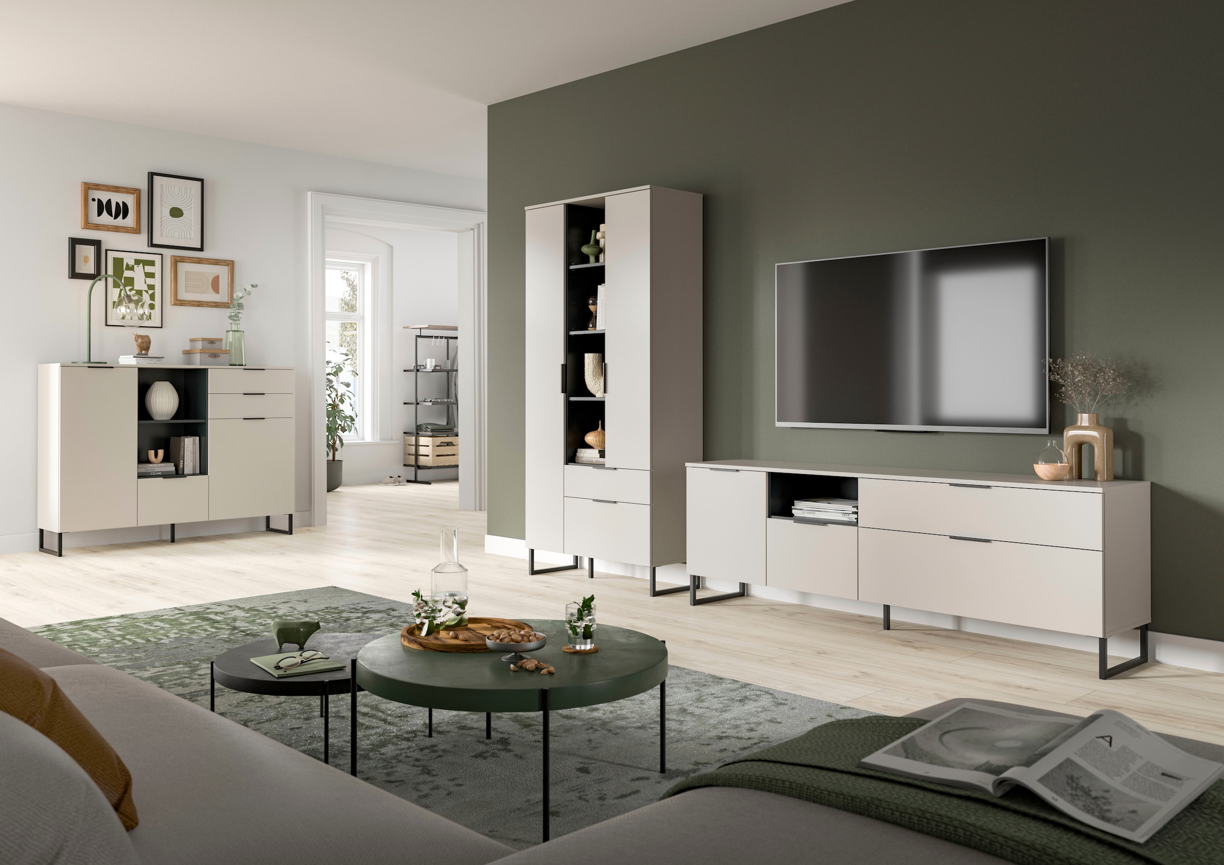 INOSIGN Wohnwand »ADIO, Breite 290 cm, 2-teiliges Set, mit Metall-Kufenfüße« Set, bestehend aus: Mehrzweckschrank und Lowboard, 2 Stk. tlg.