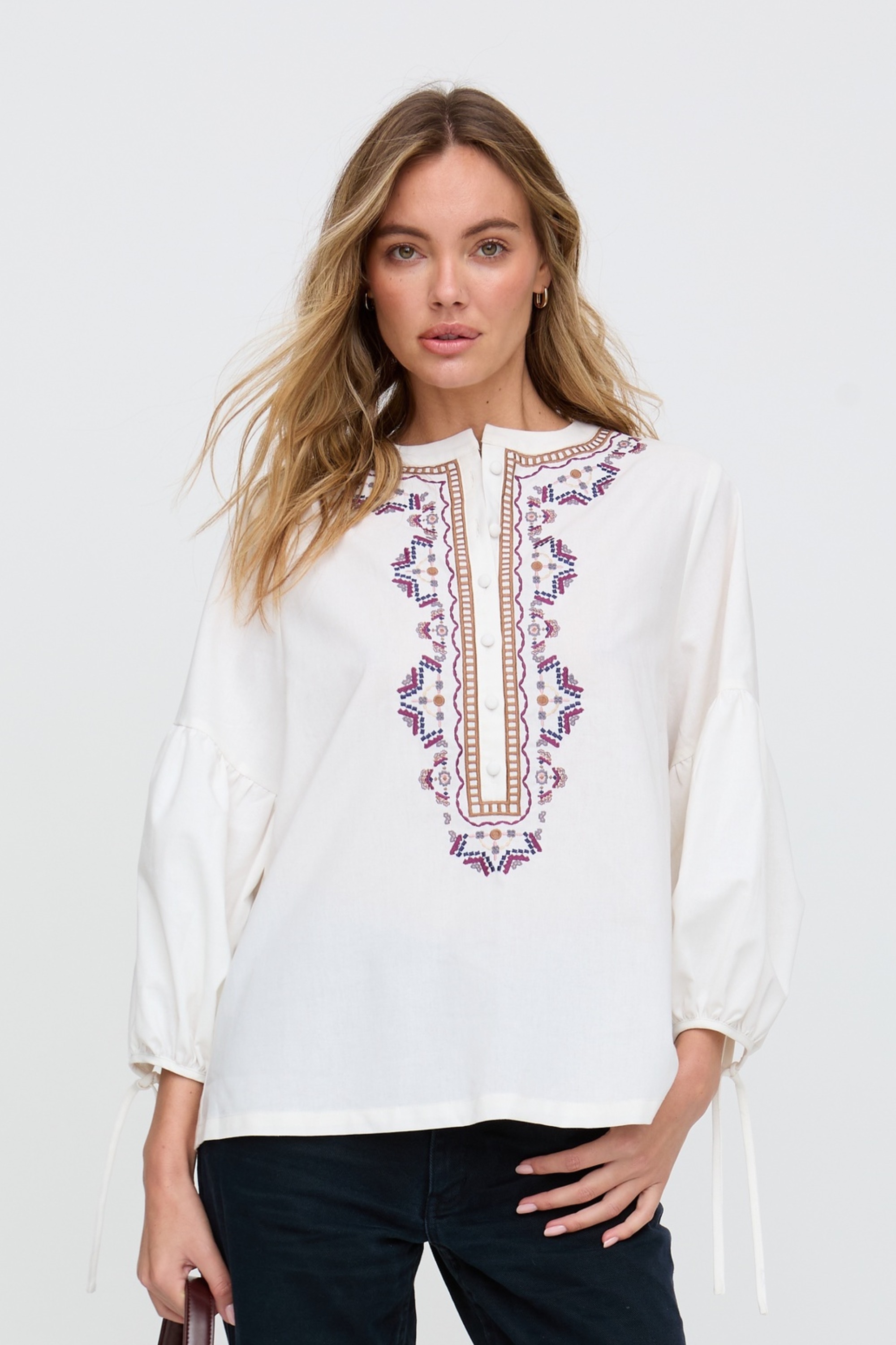 RAFFYA Hemdbluse "Anai Half Placket Embroidered Blouse Damen" günstig online kaufen