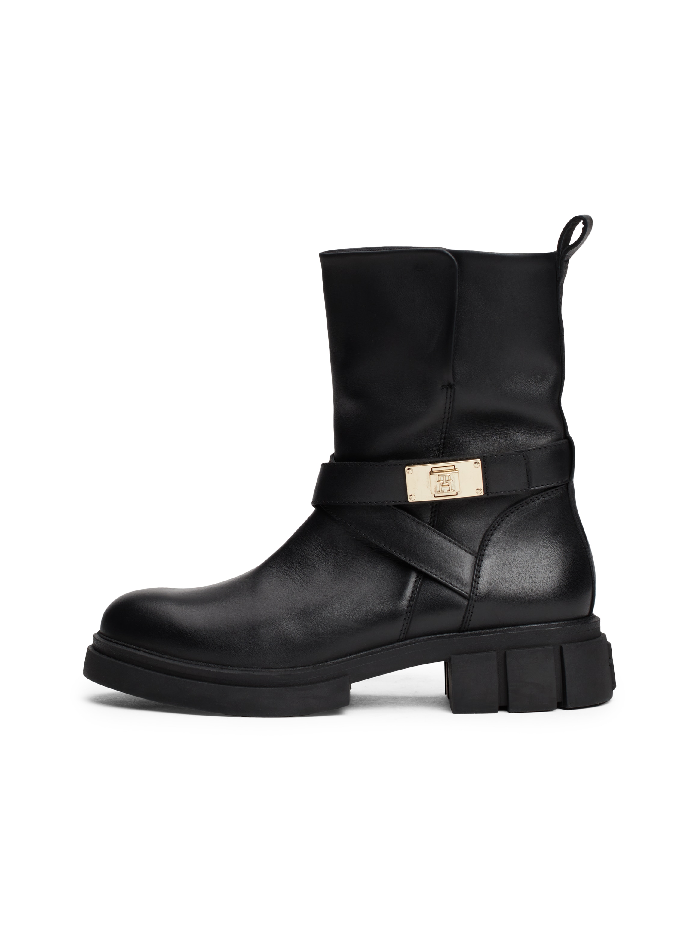 Tommy Hilfiger Bikerboots "BIKER LEATHER", Blockabsatz, Stiefelette, Boots mit goldfarbenem Schmuckelement