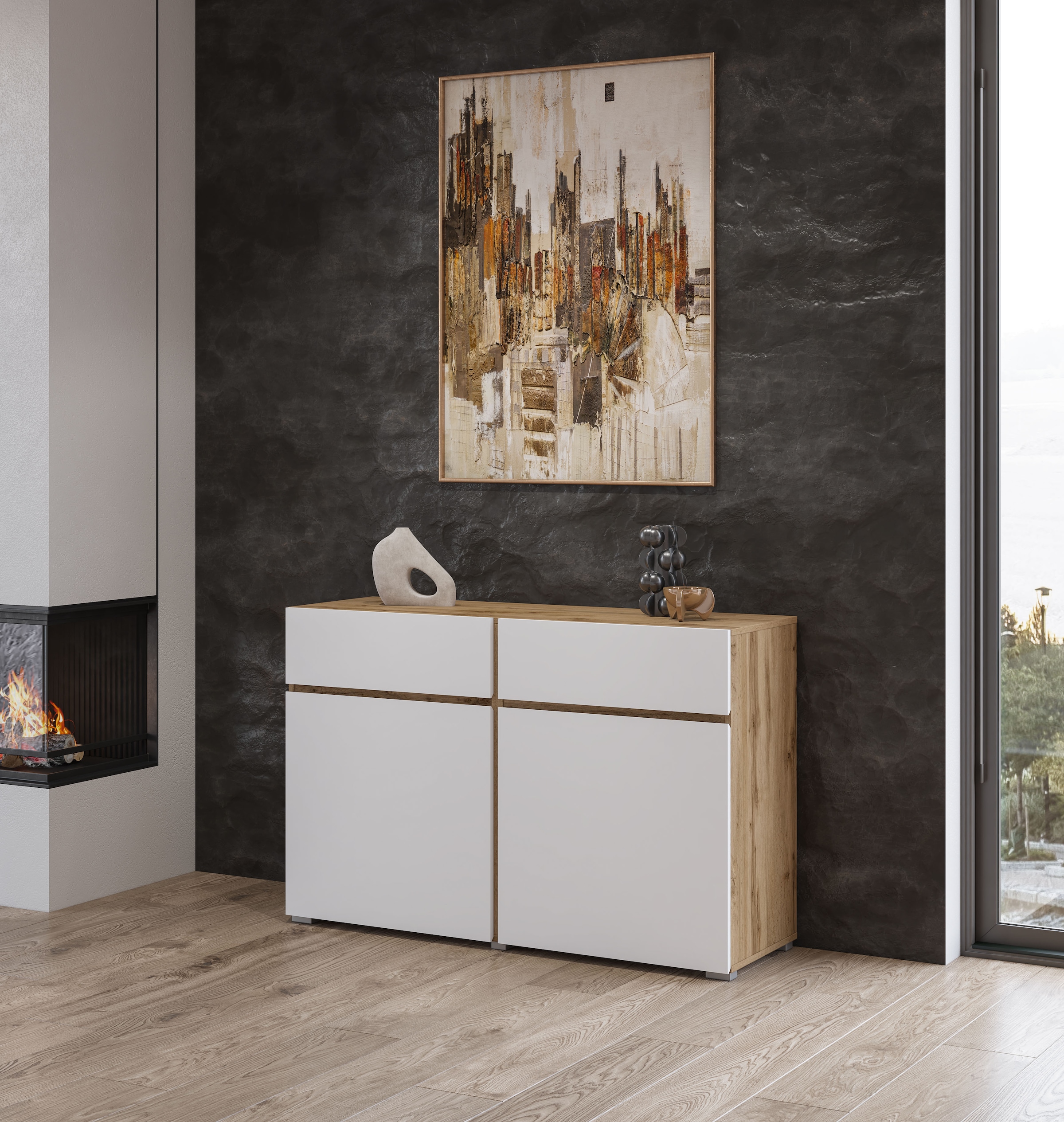 INOSIGN Sideboard »Cross,Breite 119,5 cm, moderne grifflose Kommode,2 Türen/2 Schubkästen«, Schubladenschrank,Anrichte mit viel Stauraum, Einlegeböden verstellbar